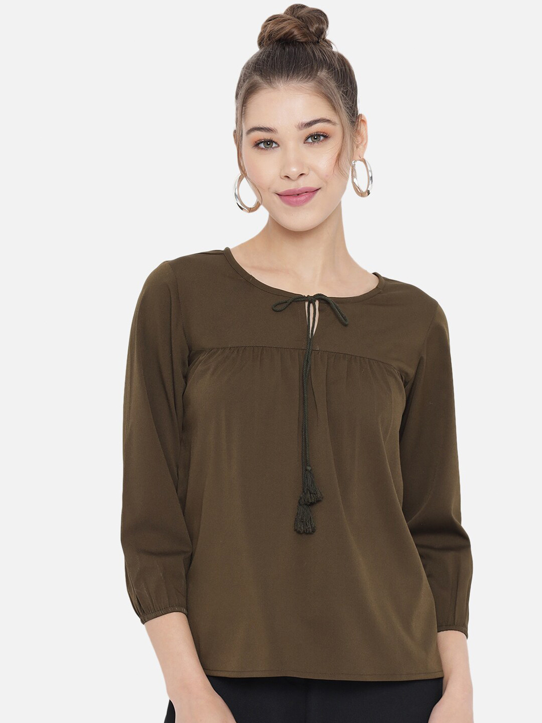 Slenor Green Tie-Up Neck Crepe Top
