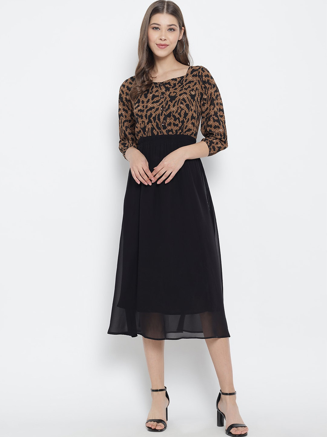 Slenor Black Abstract Georgette Midi Dress