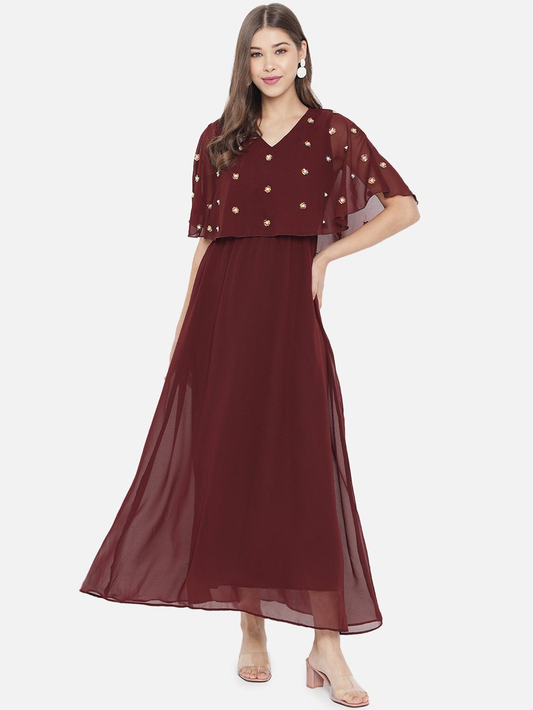 Slenor Brown Embellished Georgette Maxi Dress