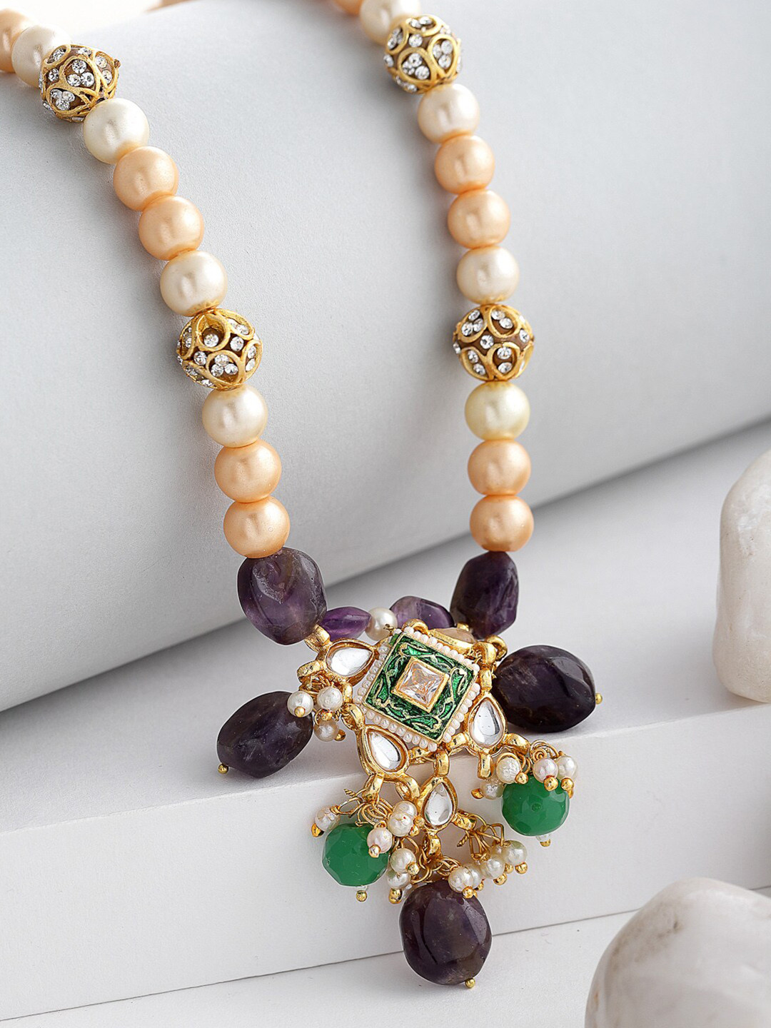 DUGRISTYLE Gold-Plated Purple & Green Kundan Studded & Pearl Sterling Silver Necklace