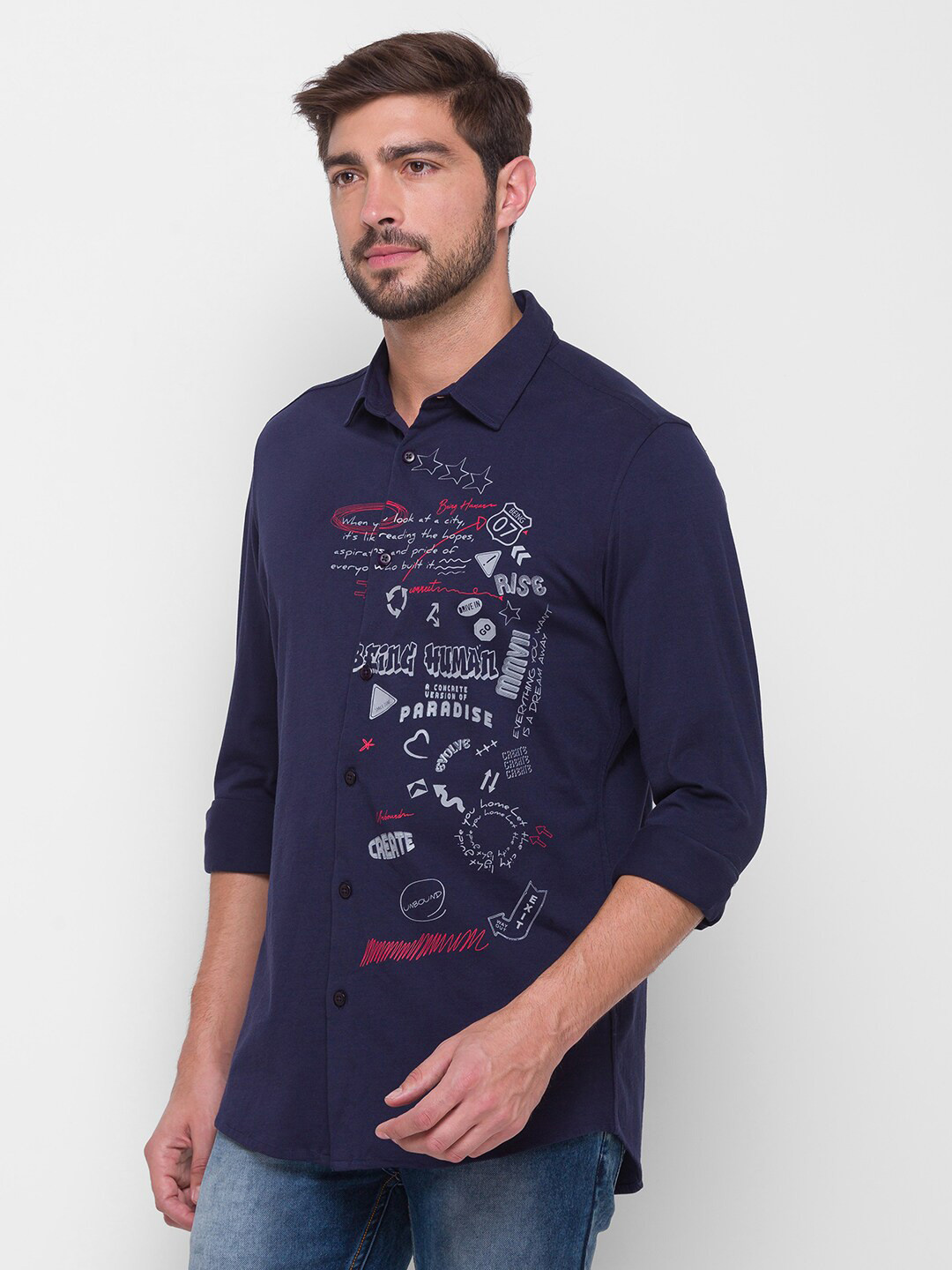 Being Human Men Navy Blue Typography Printed Casual Regular Fit Shirt