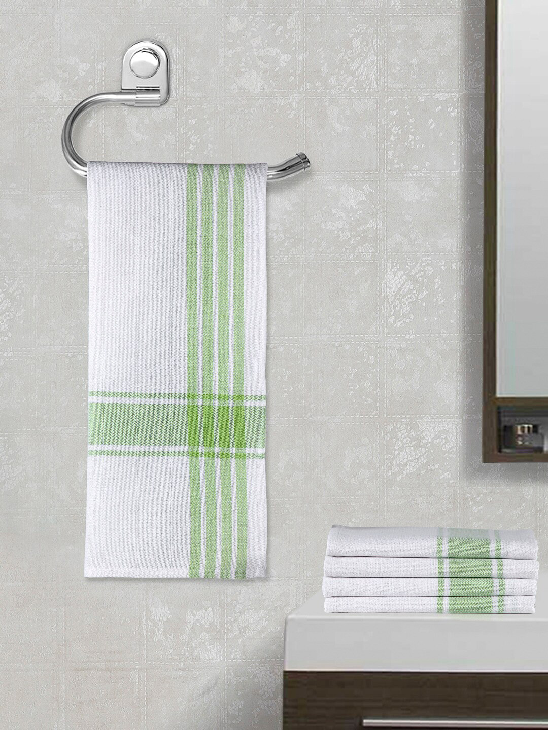 Arrabi Set of 5 Green Stripes Handwoven Cotton Hand Towel