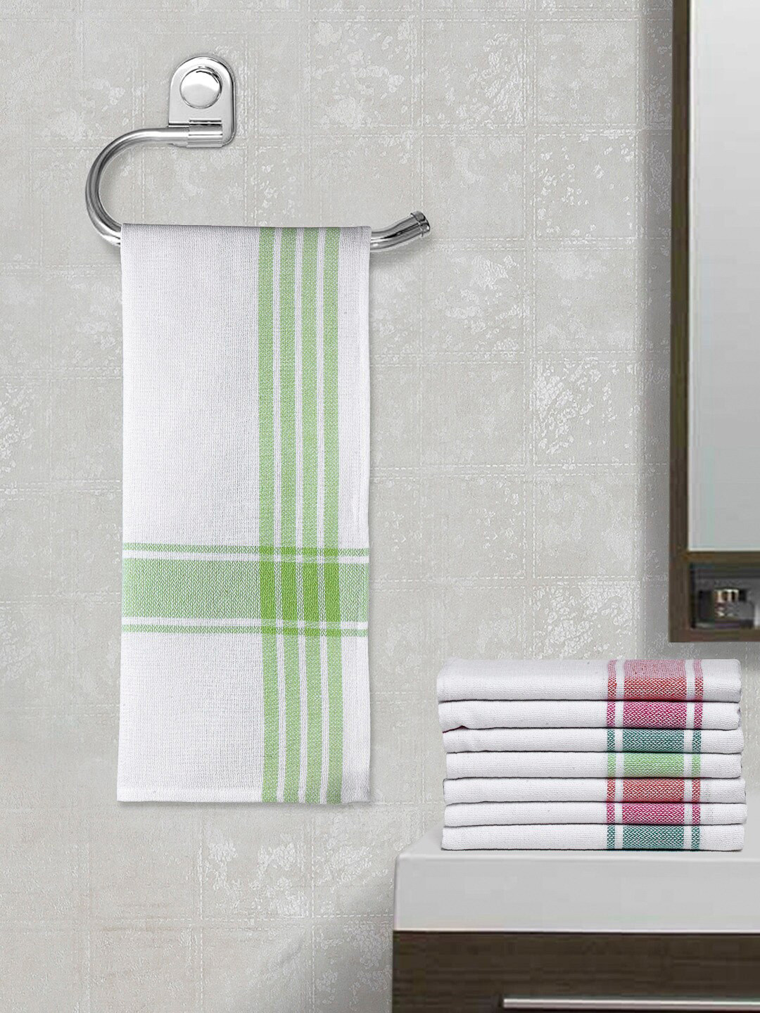 Arrabi White & Multicoloured Set Of 8 Multi Stripes Cotton Hand Towel
