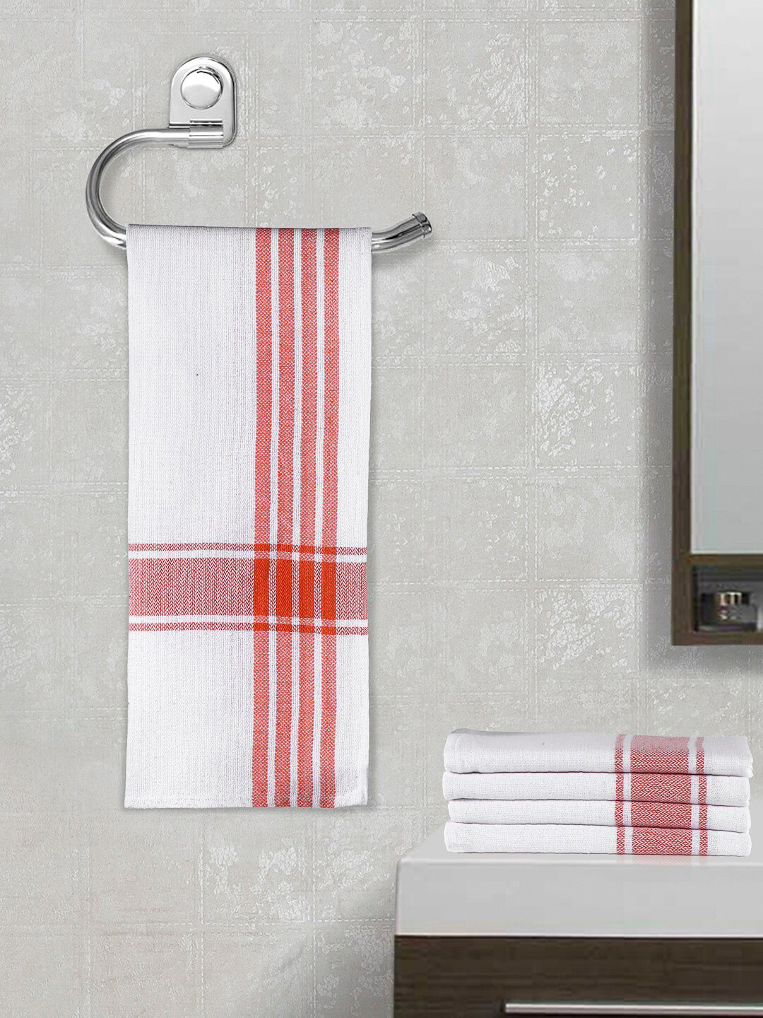 Arrabi White & Orange Set Of 5 Stripes Handwoven Cotton Hand Towel