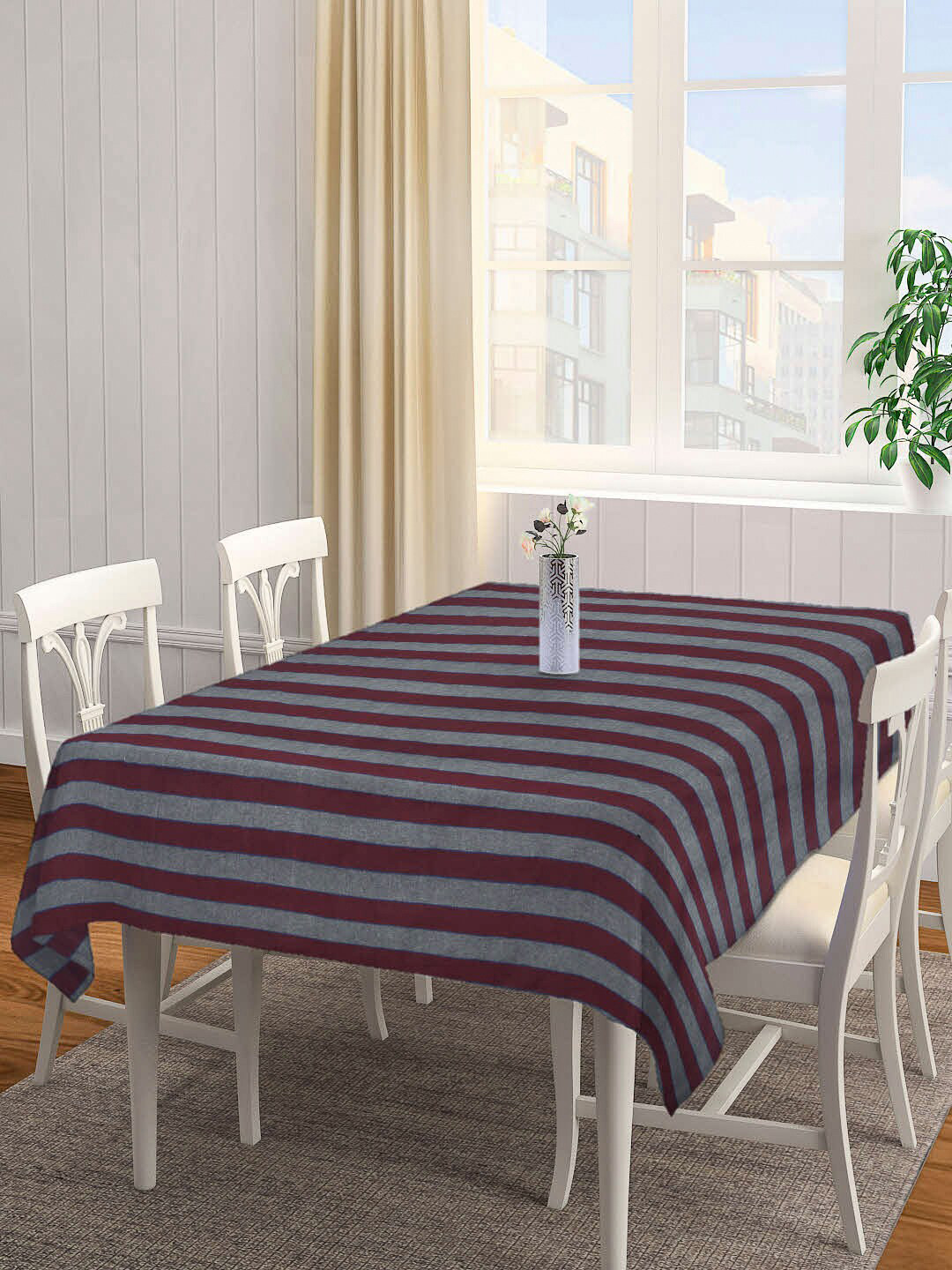Arrabi Grey & Brown Striped Printed Table Cover