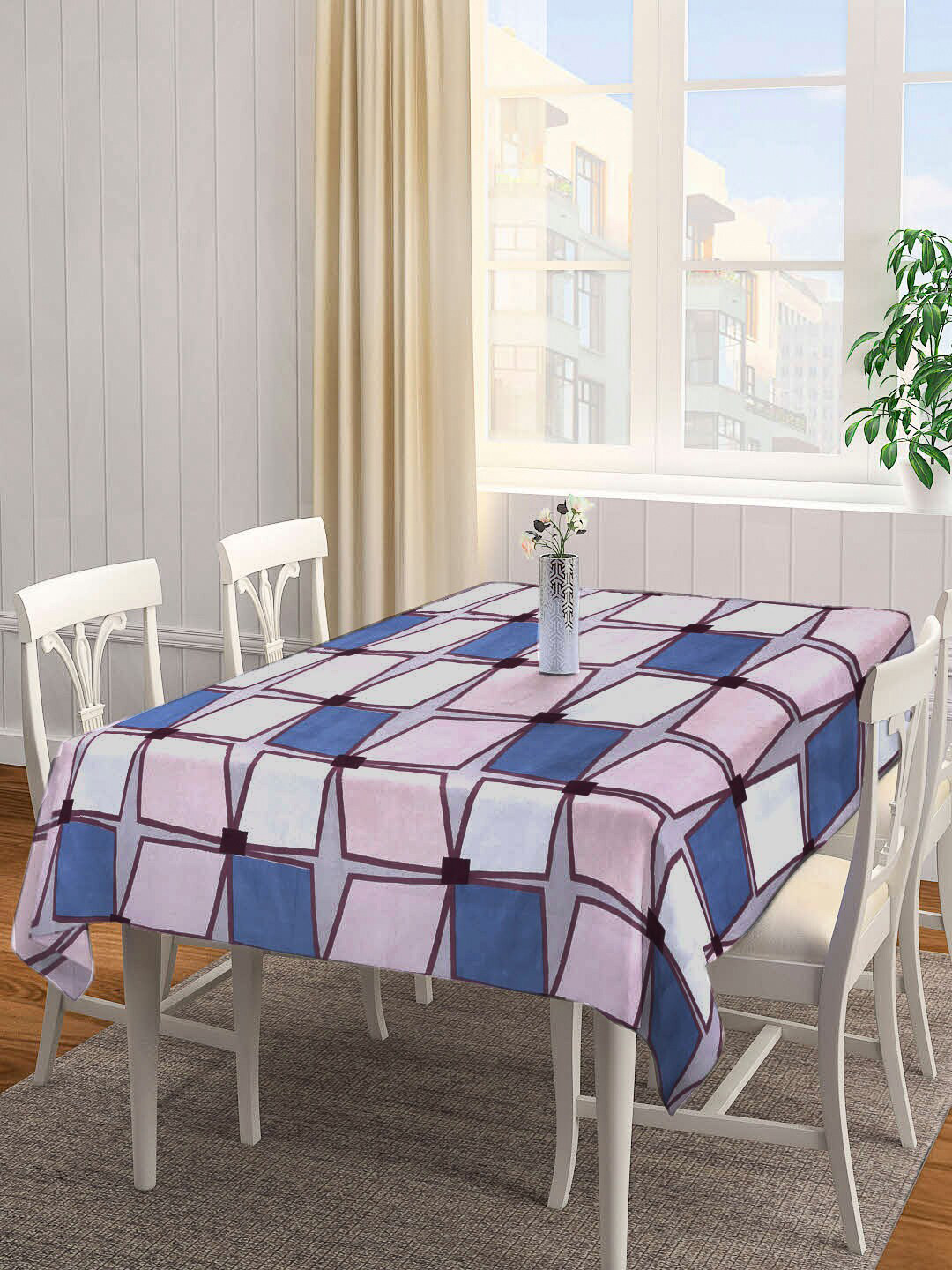 Arrabi Pink & Blue Printed 6 Seater Table Cover