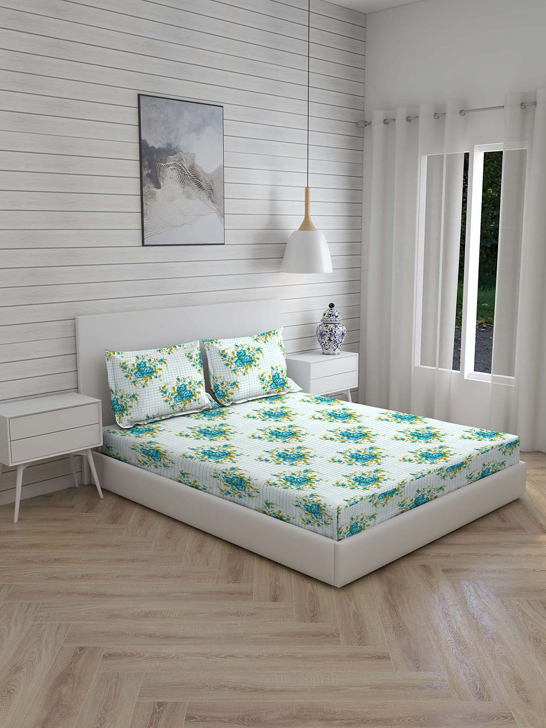 Layers Blue Floral Printed 230 TC 1King Bedsheet with 2 Pillow Covers