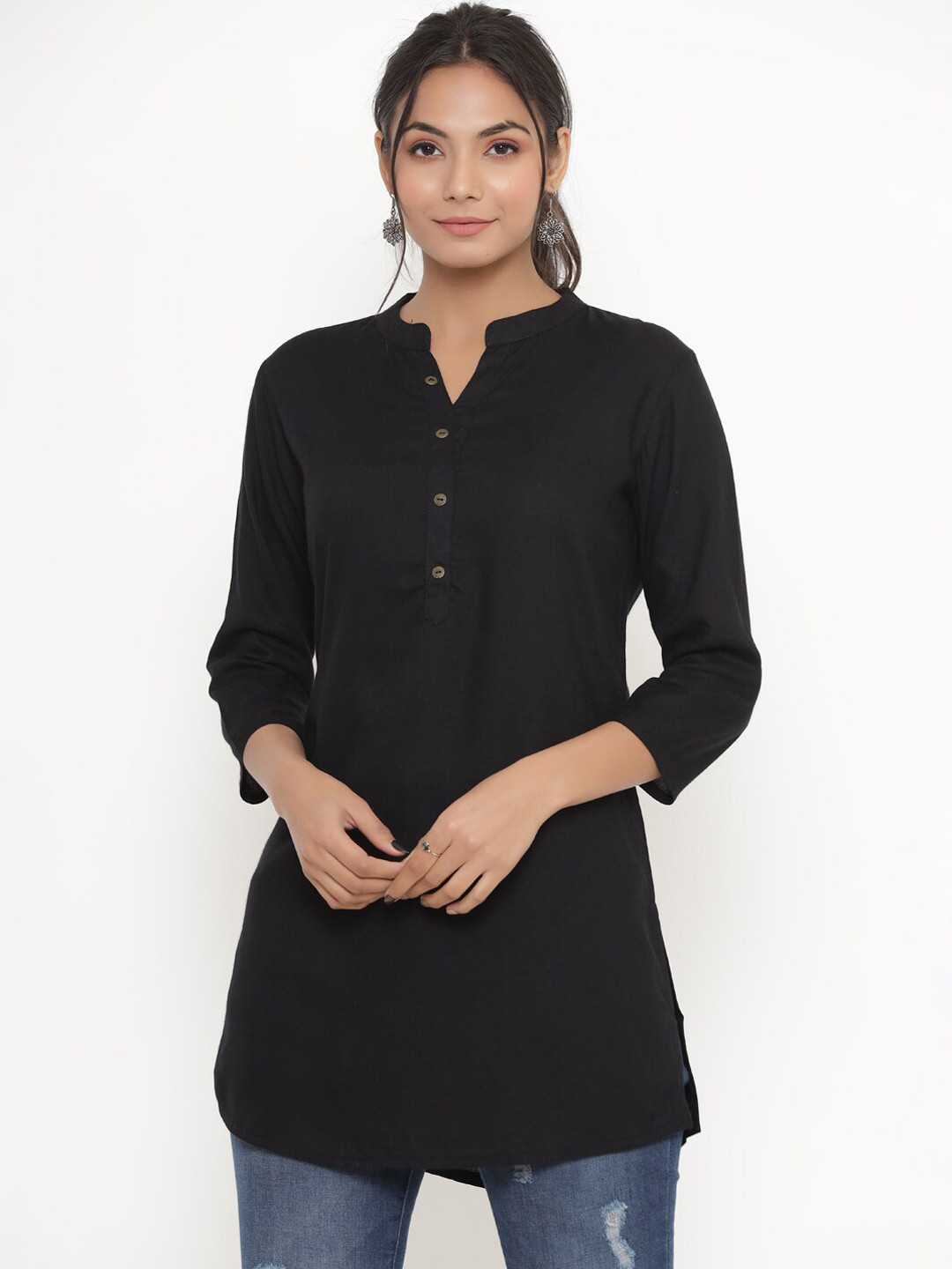 DIVYANK Black Viscose Rayon Mandarin Collar Tunic