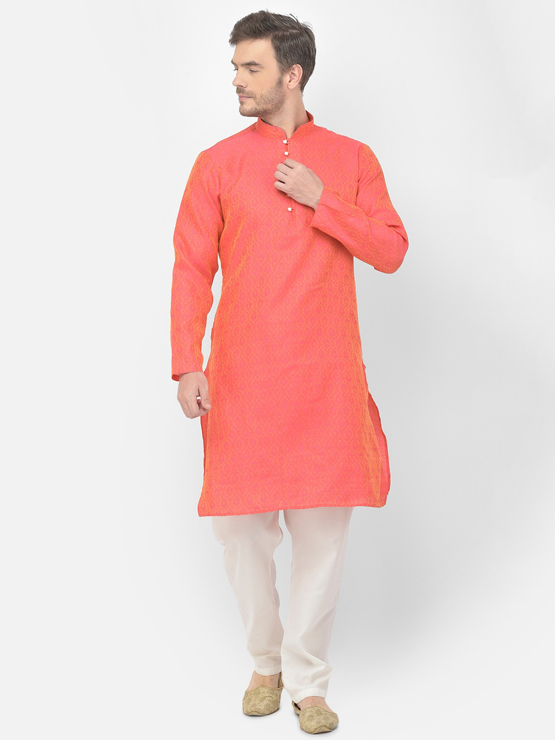 SG LEMAN Men Peach-Coloured Raw Silk Kurta with Pyjamas