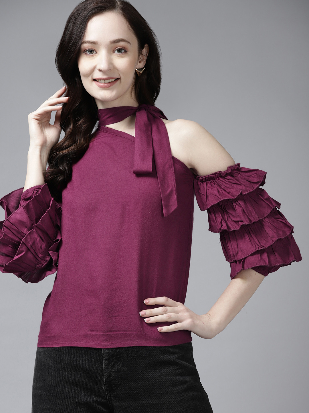 The Dry State Purple Virago Sleeves Top With One Shoulder & Neck Tie Up