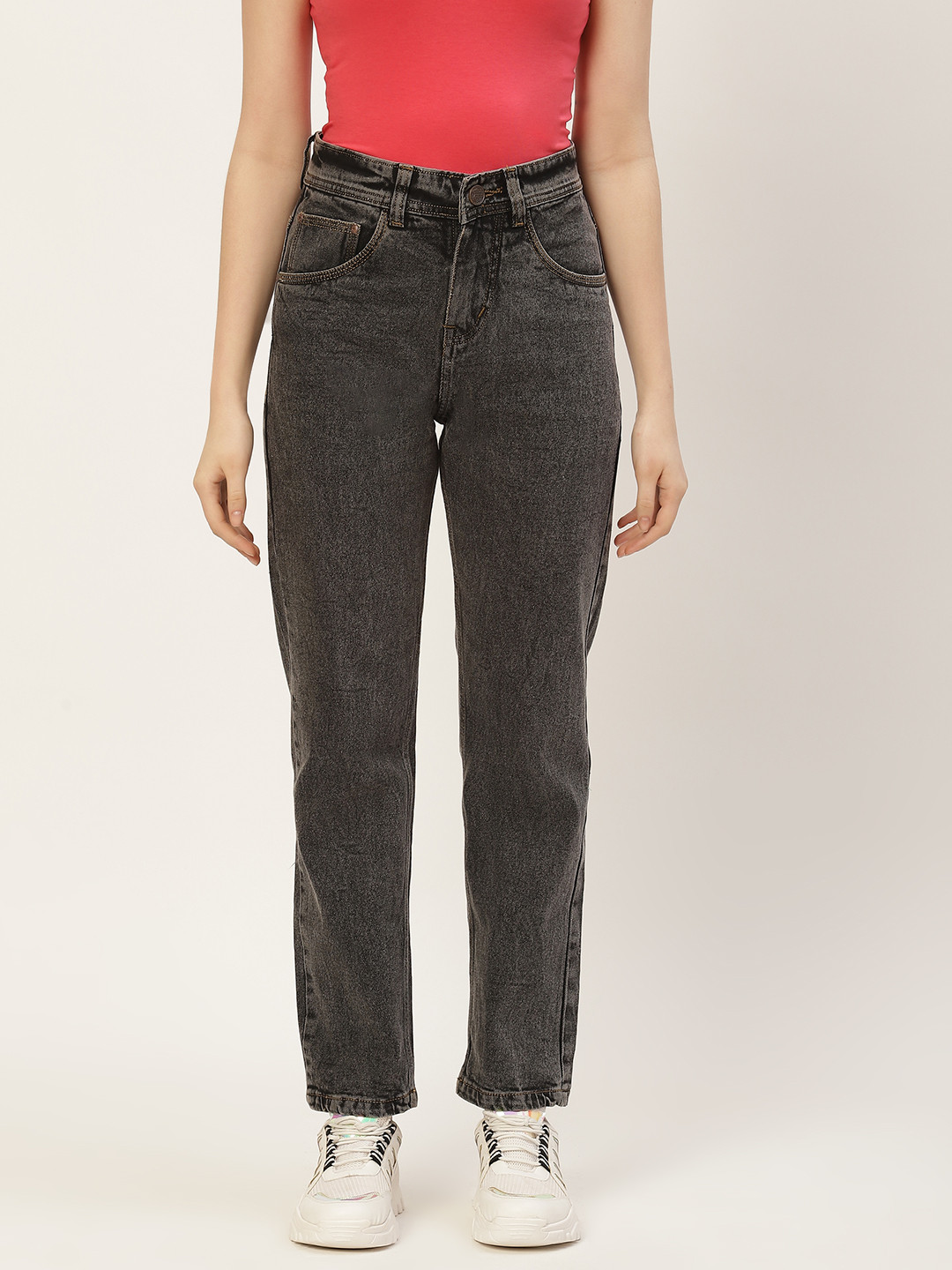 PARIS HAMILTON Women Charcoal Grey Boyfriend Fit High-Rise Light Fade Acid Wash Jeans