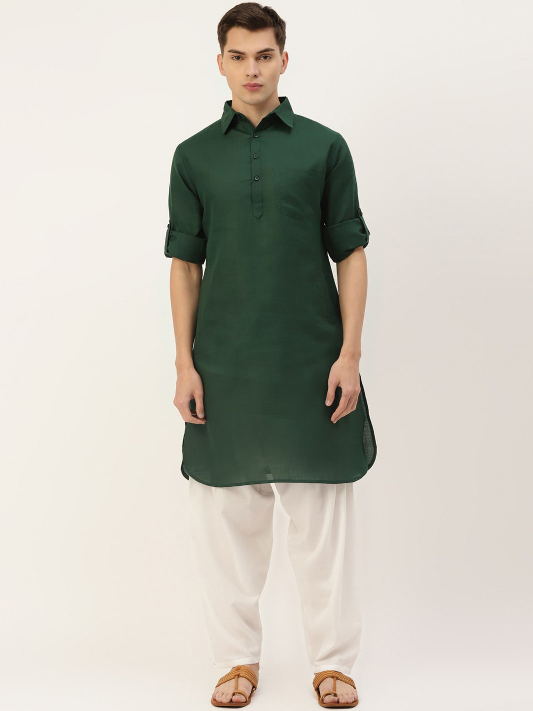 Molly & Michel Men Green Solid Pathani Kurta