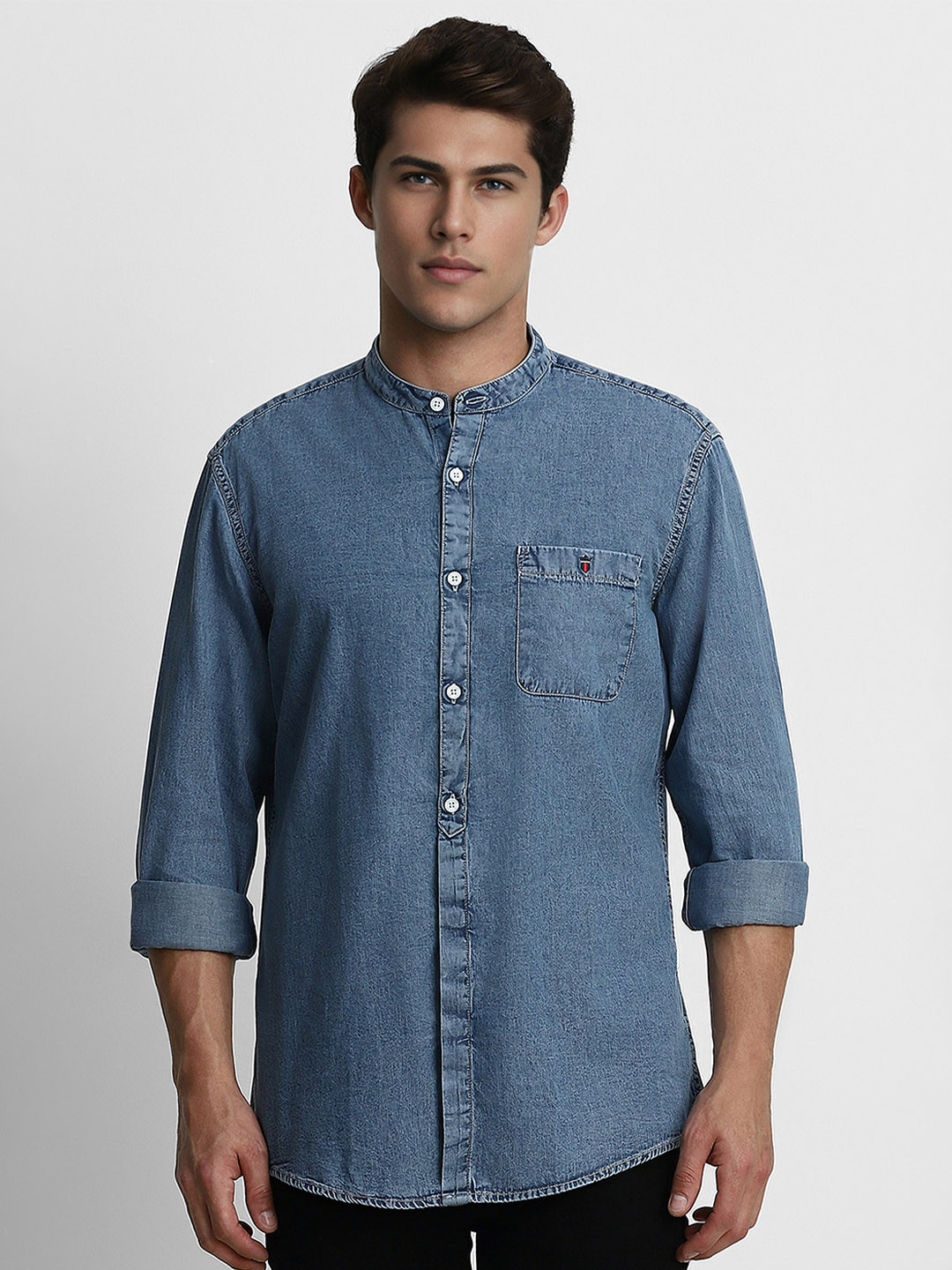 Louis Philippe Jeans Men Navy Blue Slim Fit Solid Pure Cotton Casual Denim Shirt