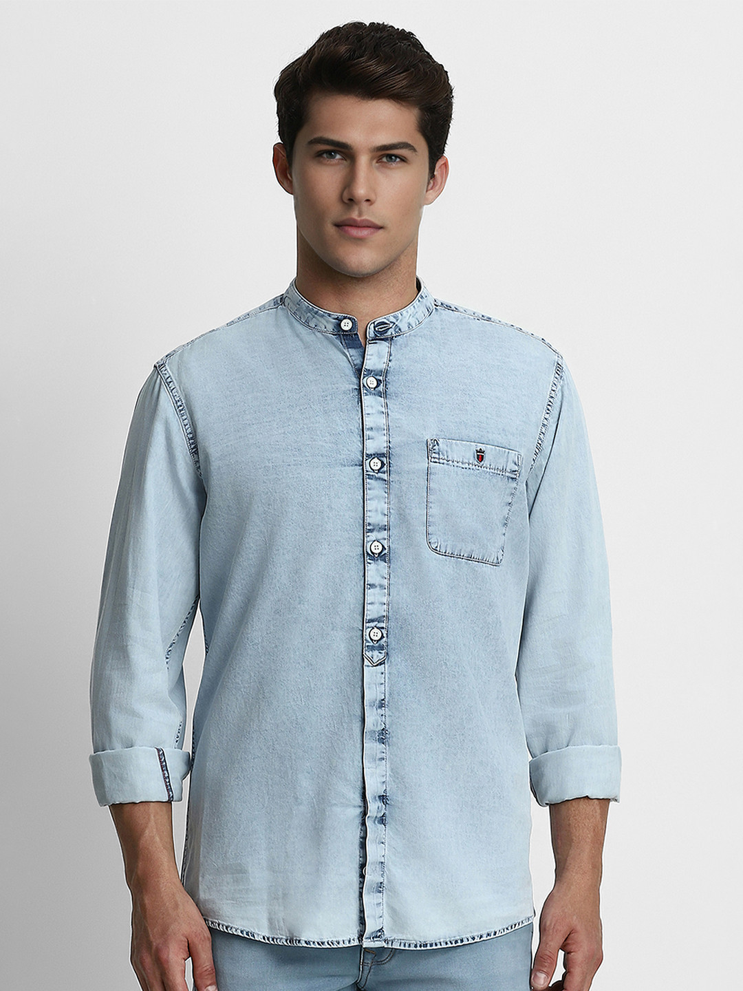 Louis Philippe Jeans Men Blue Slim Fit Solid Opaque Pure Cotton Casual Denim Shirt