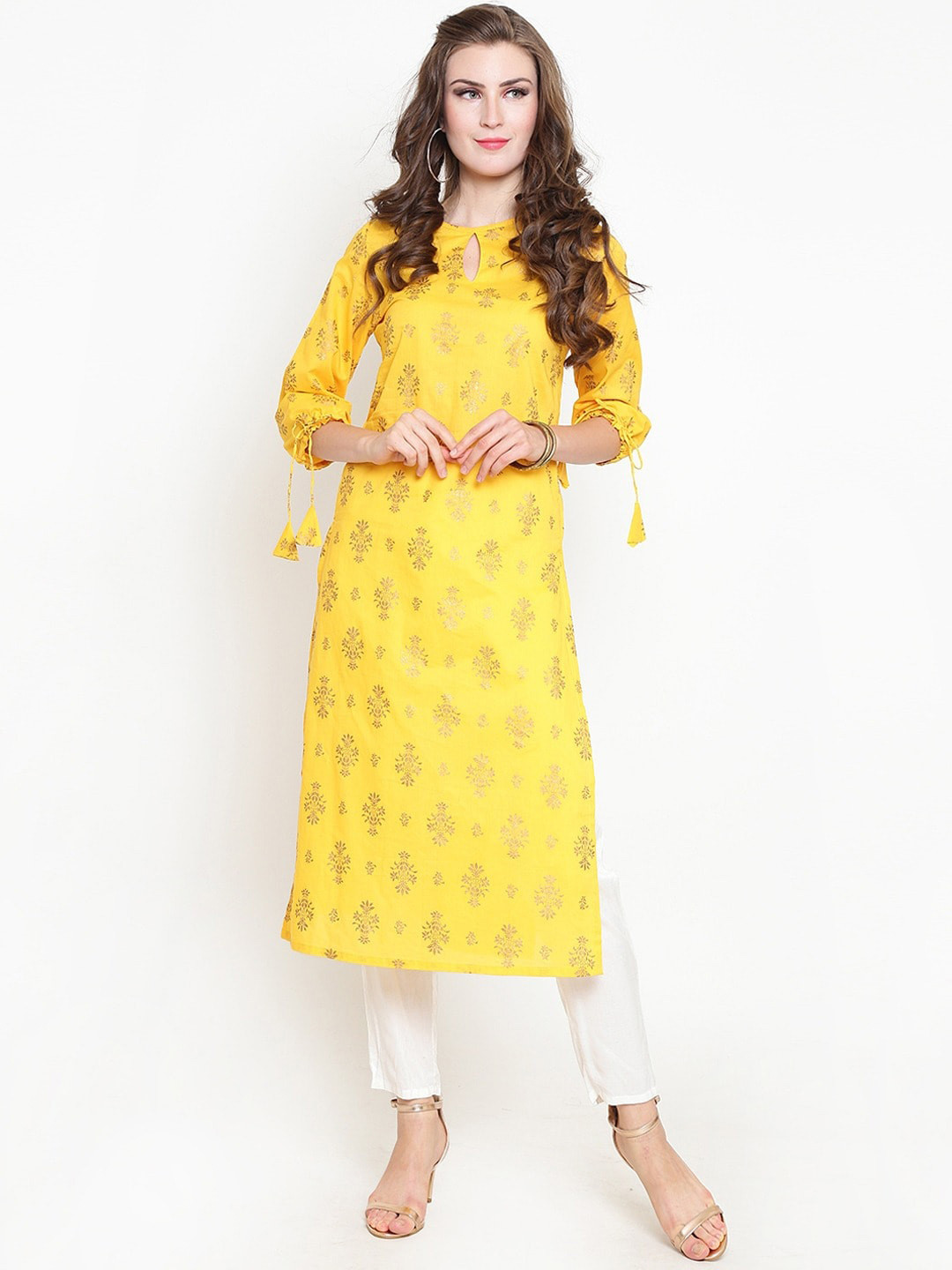 Sera Women Yellow Floral Printed Pure Cotton Kurta with Trousers