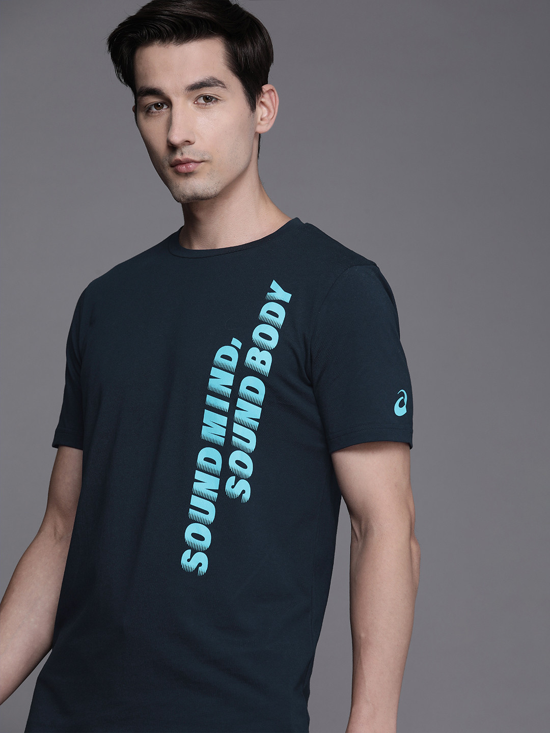 ASICS Men Navy Blue Typography Printed SS Pure Cotton T-shirt