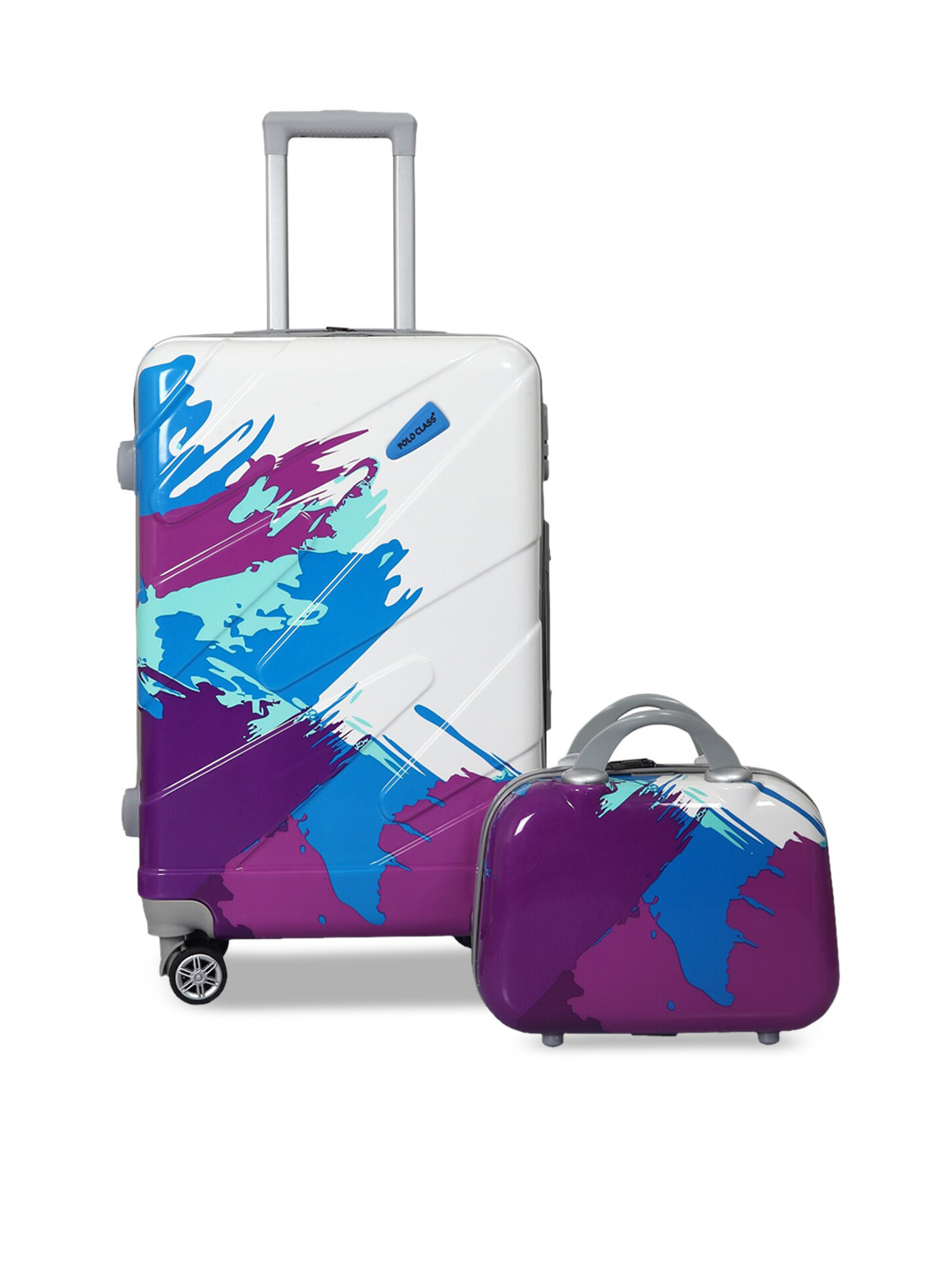 Polo Class Blue & White Printed Hard Sided Luggage Trolley & Vanity Bag Set