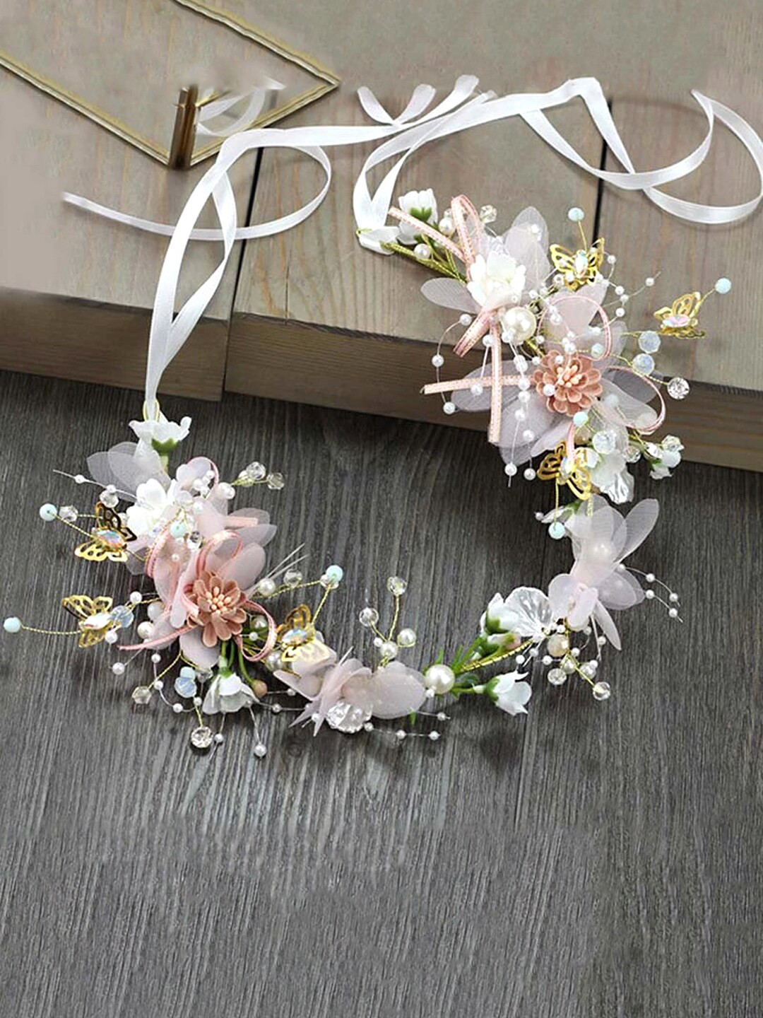 Yellow Chimes Women White & Pink Embellished Tiara