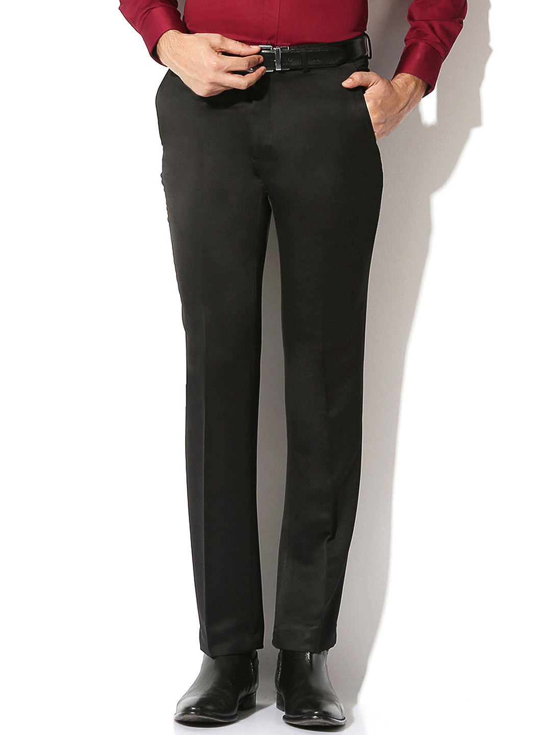 Van Heusen  Men Black Solid Slim Fit Flat-Front Trousers