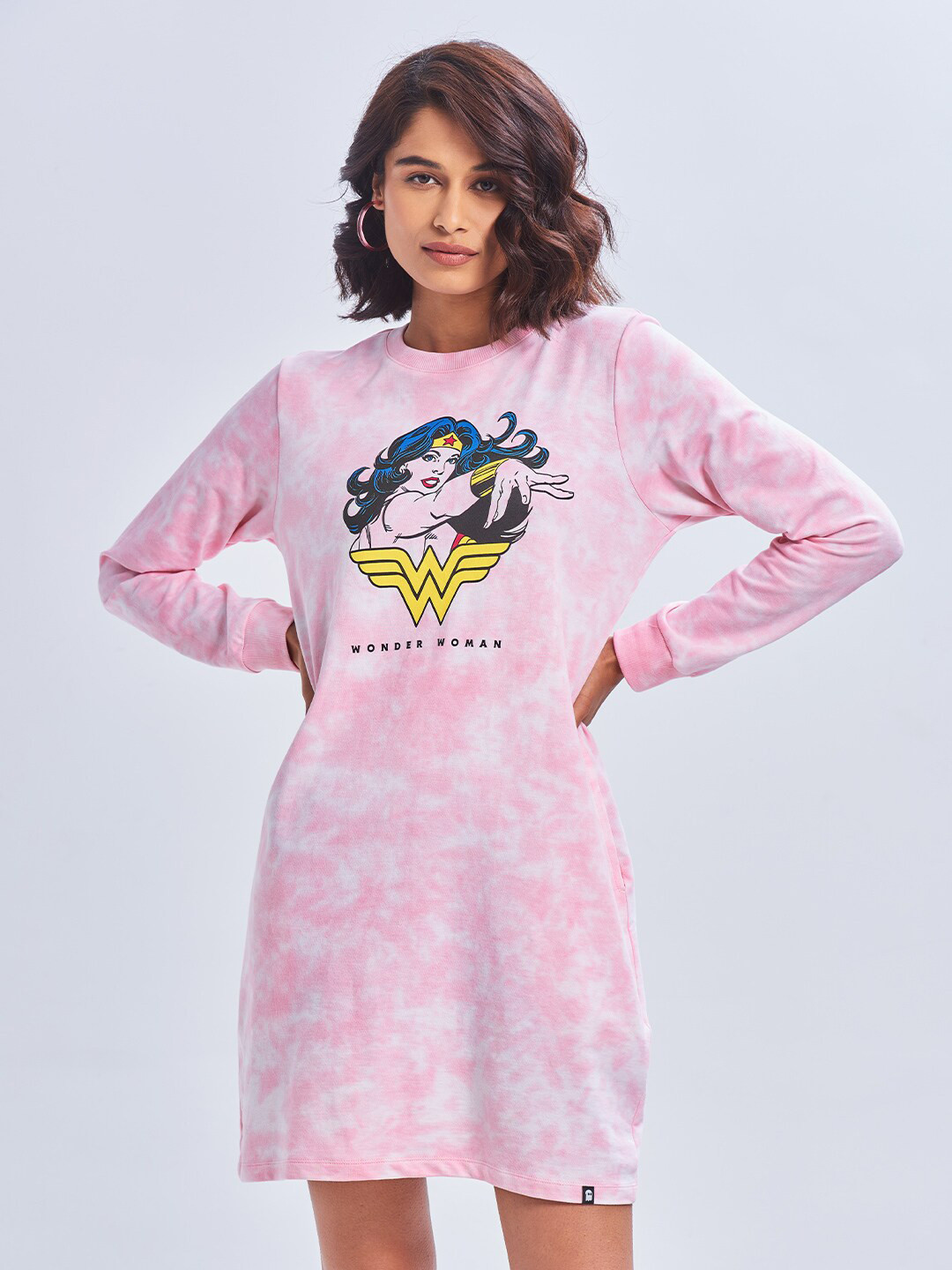 The Souled Store Pink Tie and Dye Wonder Woman Cotton Sweatshirt Dress