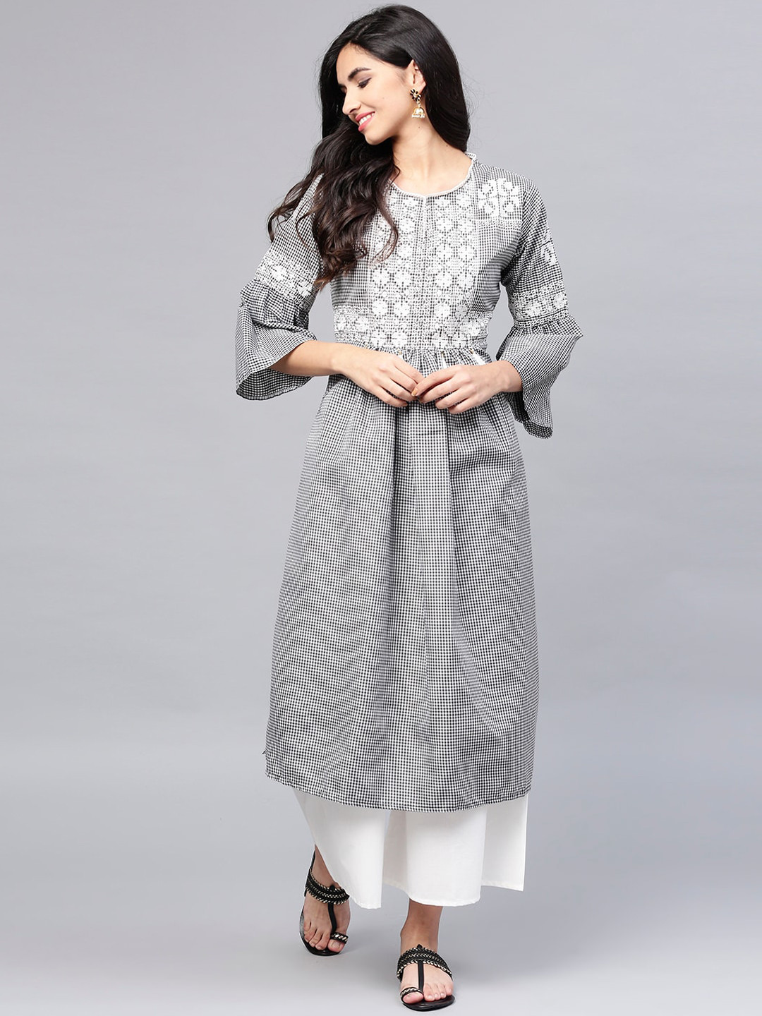 Bhama Couture Women Grey Pleated Thread Work Kurta with Palazzos