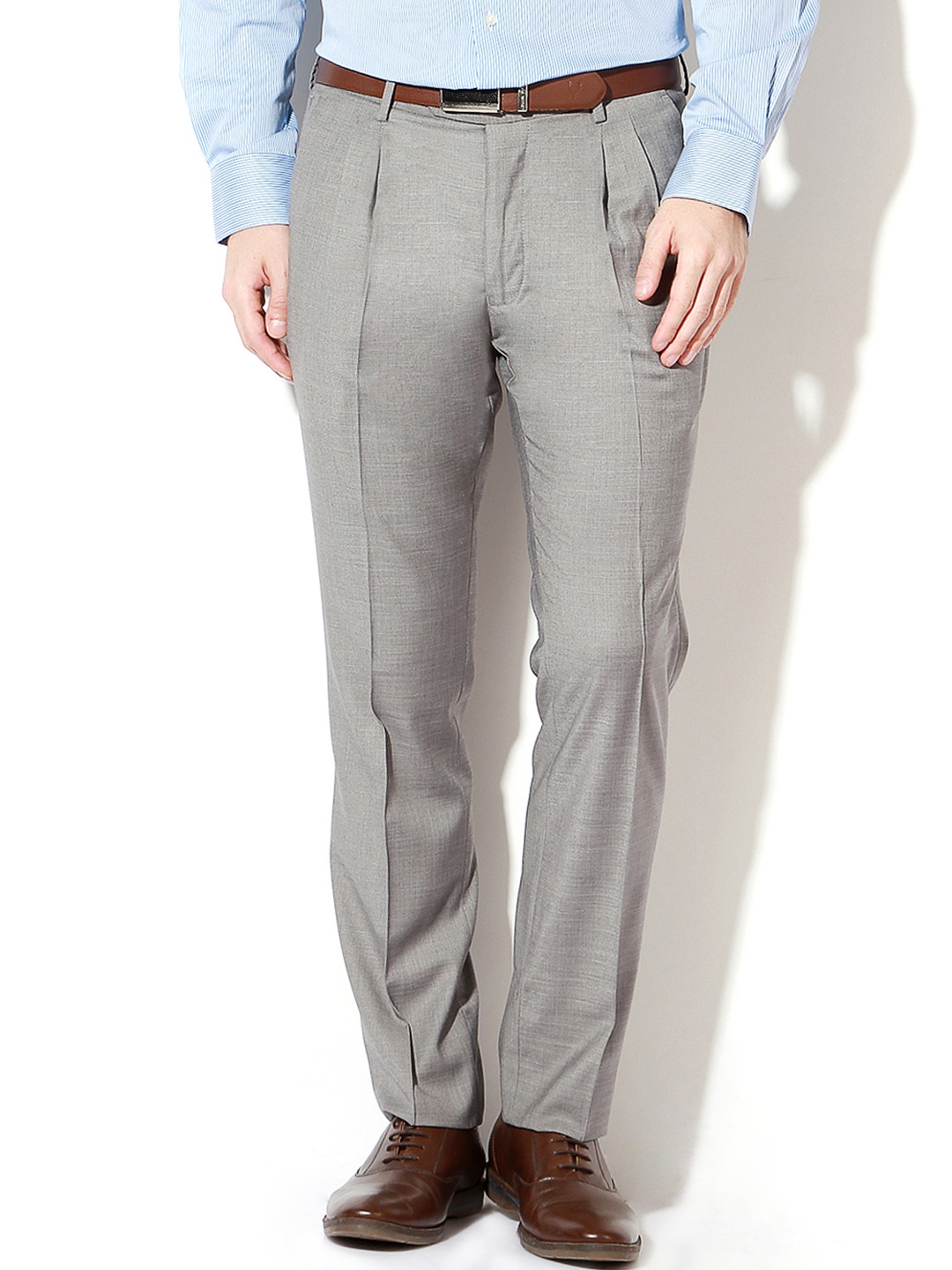 Buy Van Heusen Men Grey Solid Slim Fit Pleated Trousers - Trousers ...