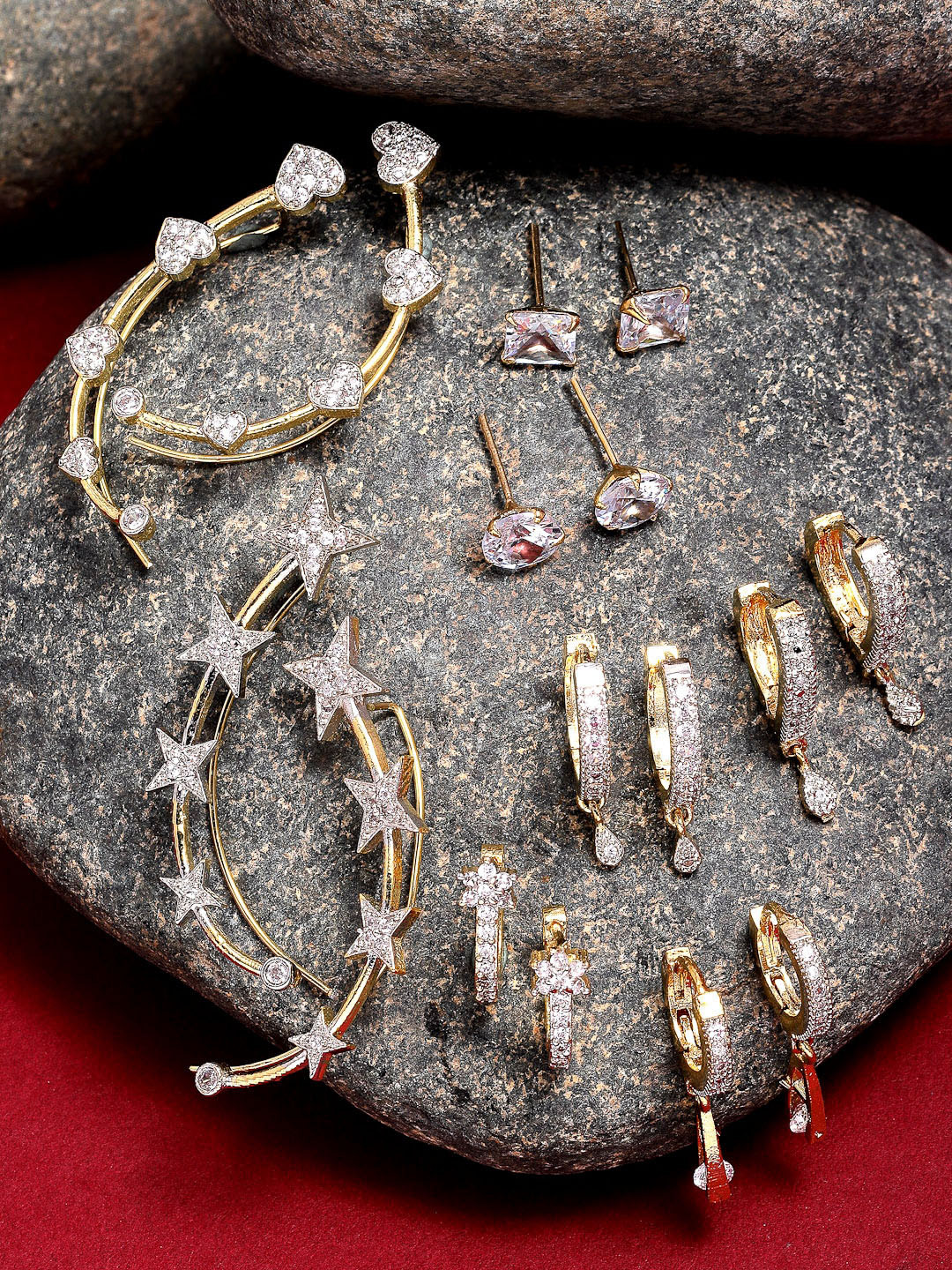 ZENEME Set Of 8 Gold Plated CZ Studded Contemporary Hoop Cuff and Stud Earrings