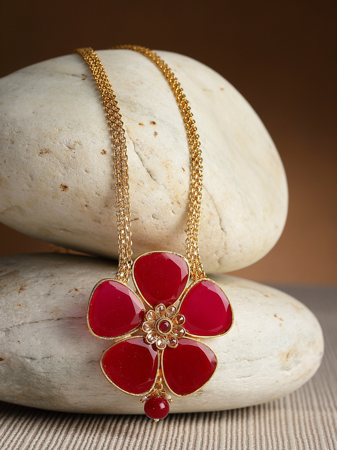 ZENEME Woman Gold Plated Red Stone Studded Flower Pendant