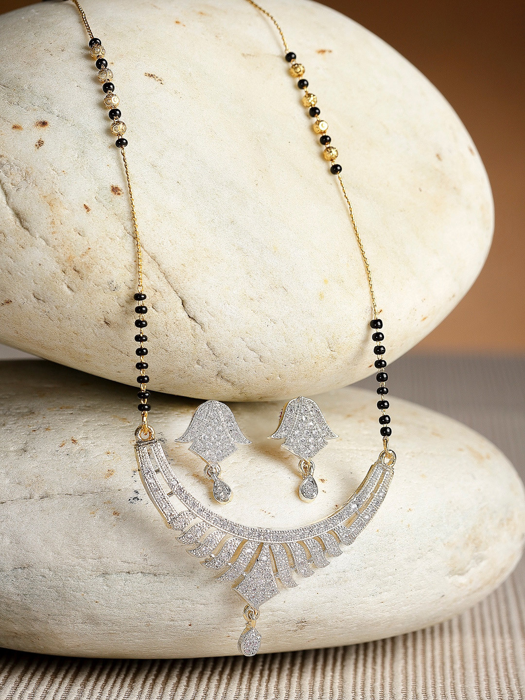 ZENEME Gold-Plated White & Black Stone-Studded & Beaded Designer Mangalsutra Set