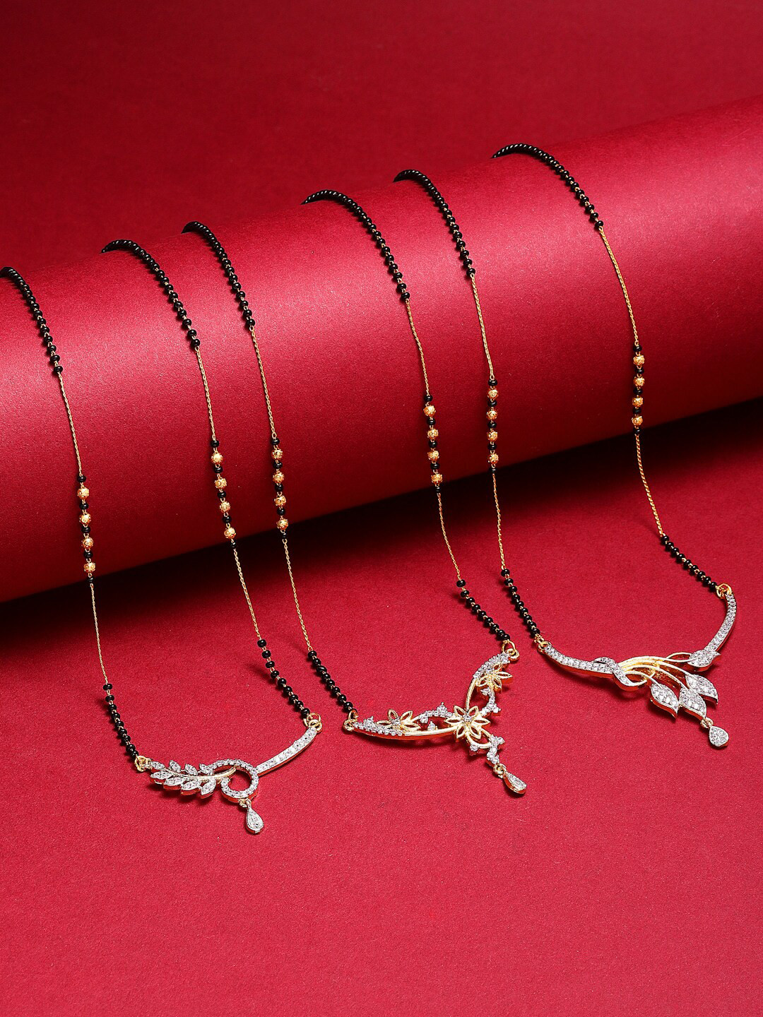 ZENEME Set Of 3 Gold-Plated White AD Studded Black Beaded Mangalsutra