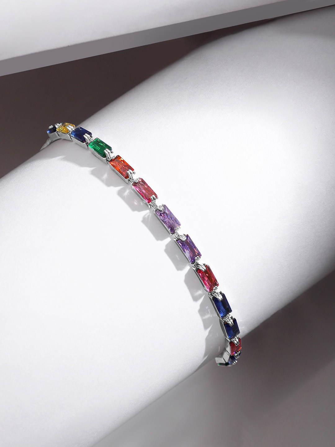 Rubans Voguish Silver-Plated Multi Color Cubic Zirconia Adjustable Pull Chain Bracelet