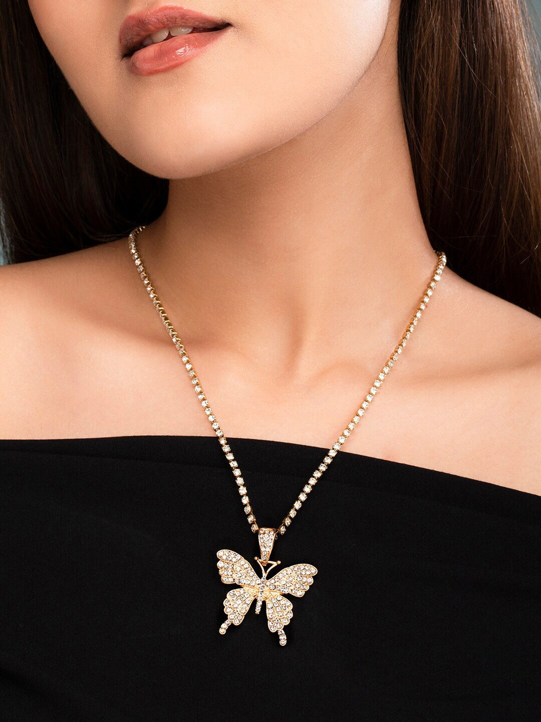 Rubans 18K Gold-Plated Cubic Zirconia Studded Butterfly Pendant Chain Necklace