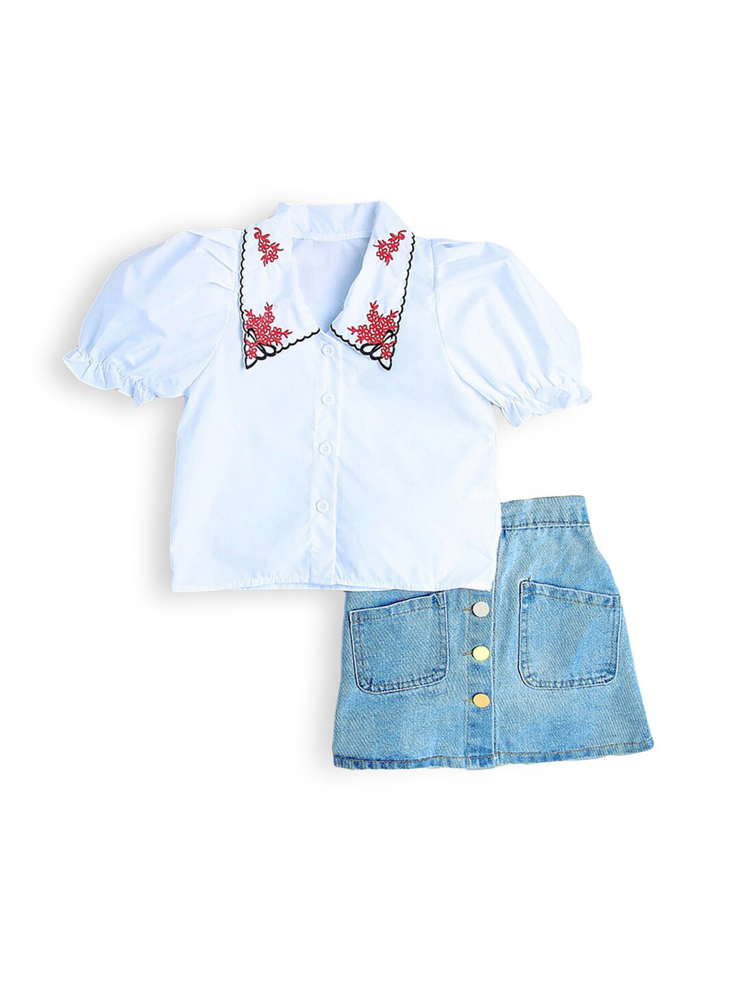 Hopscotch Girls White & Blue Embroidered Top With Skirt