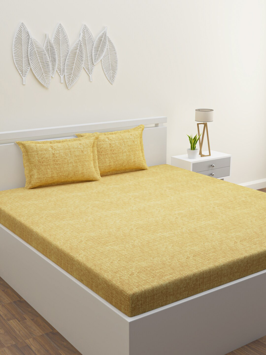 HAPPY HUES Beige & Mustard 180 TC King Bed Sheet with 2 Pillow Covers