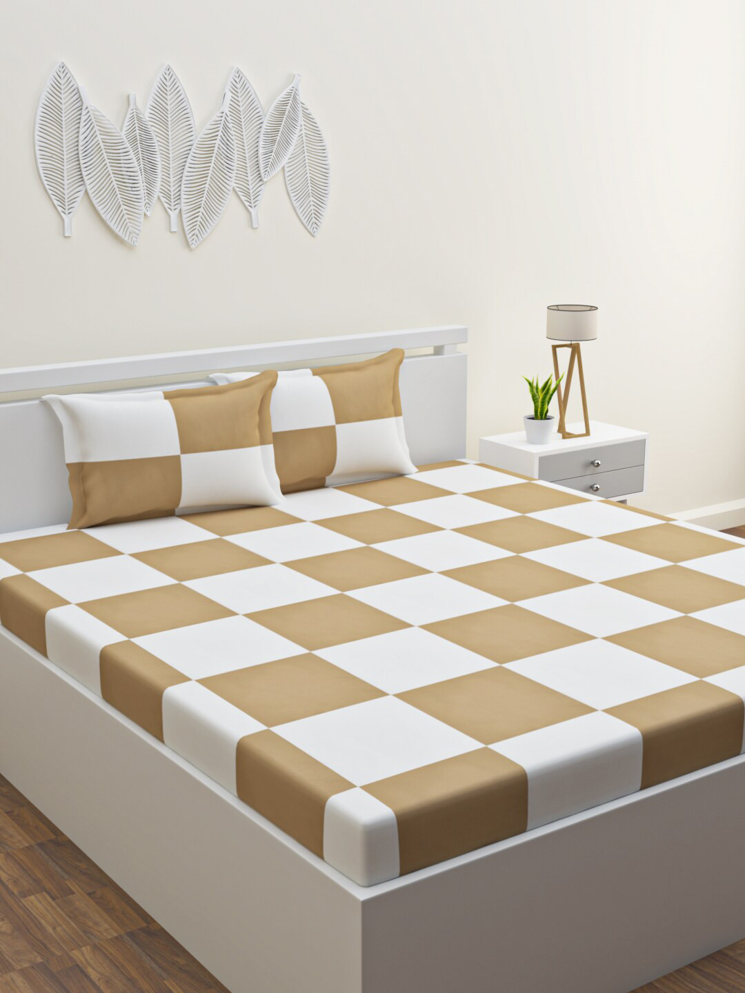HAPPY HUES Brown Checked Polycotton 104 TC Fitted Queen Bedsheet with 2 Pillow Covers-87 x 100 inches