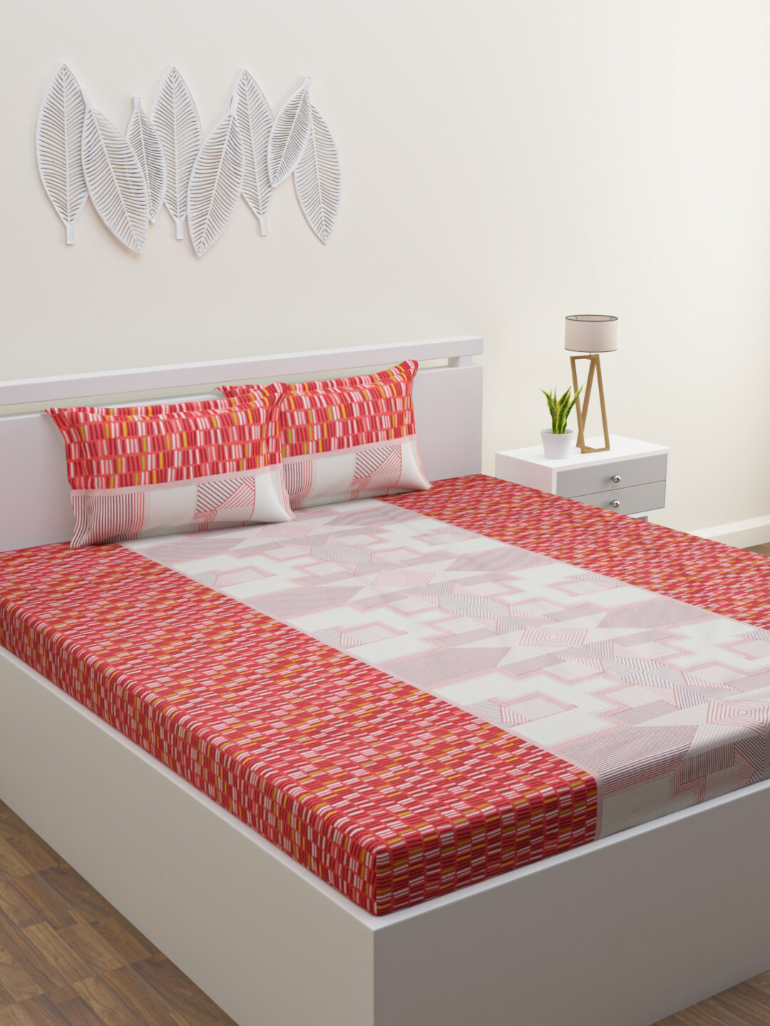 HAPPY HUES Red Geometric Cotton 180 TC King Fine Bedsheet with 2 Pillow Covers-108 x 108 inches