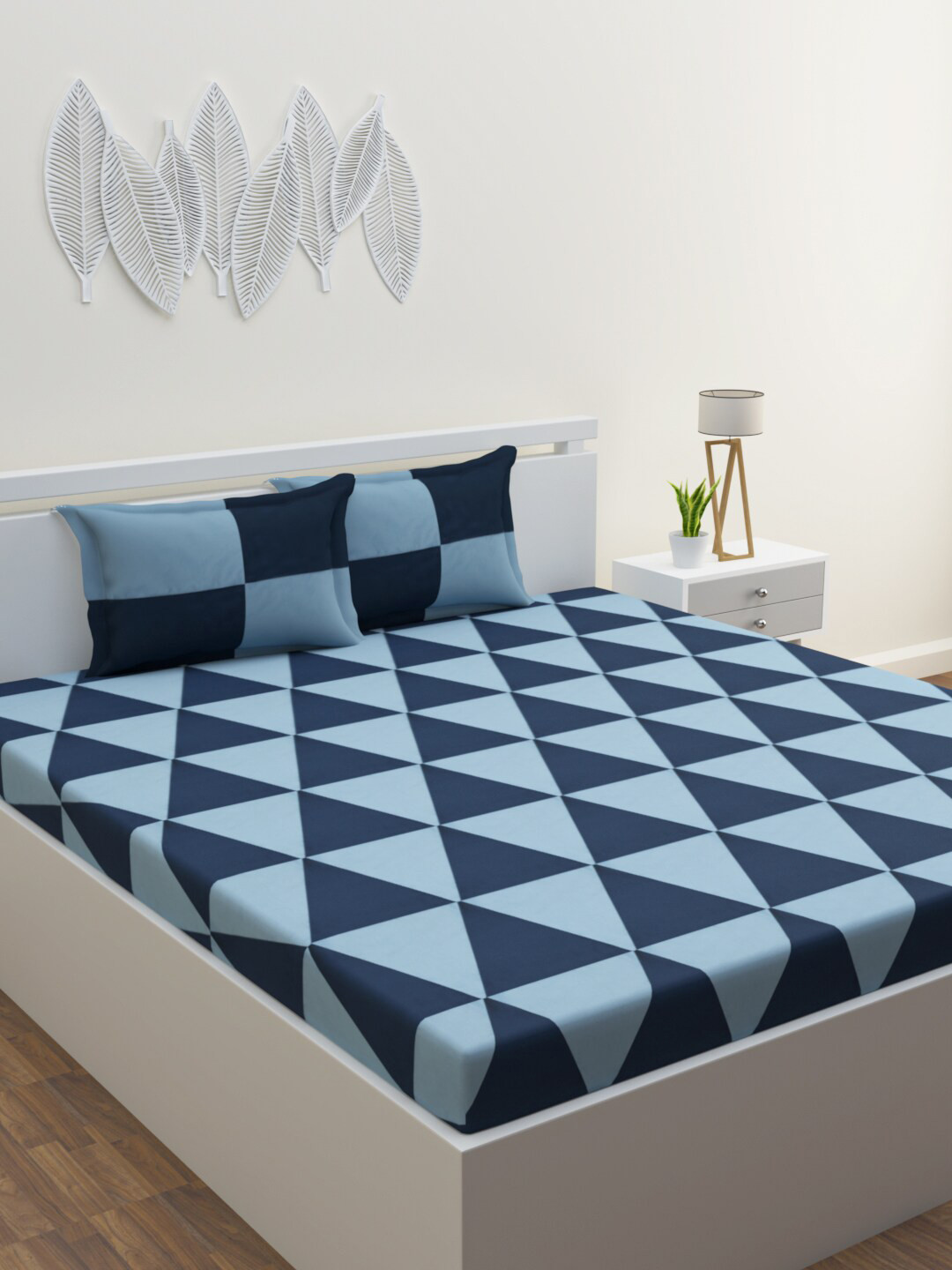 HAPPY HUES Blue Geometric Polycotton 104 TC King Bedsheet with 2 Pillow Covers-274 x 274 cm