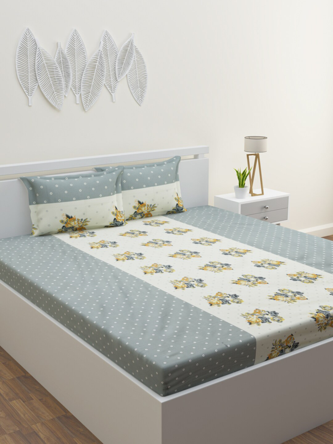 HAPPY HUES Grey & White 180 TC King Bedsheet with 2 Pillow Covers