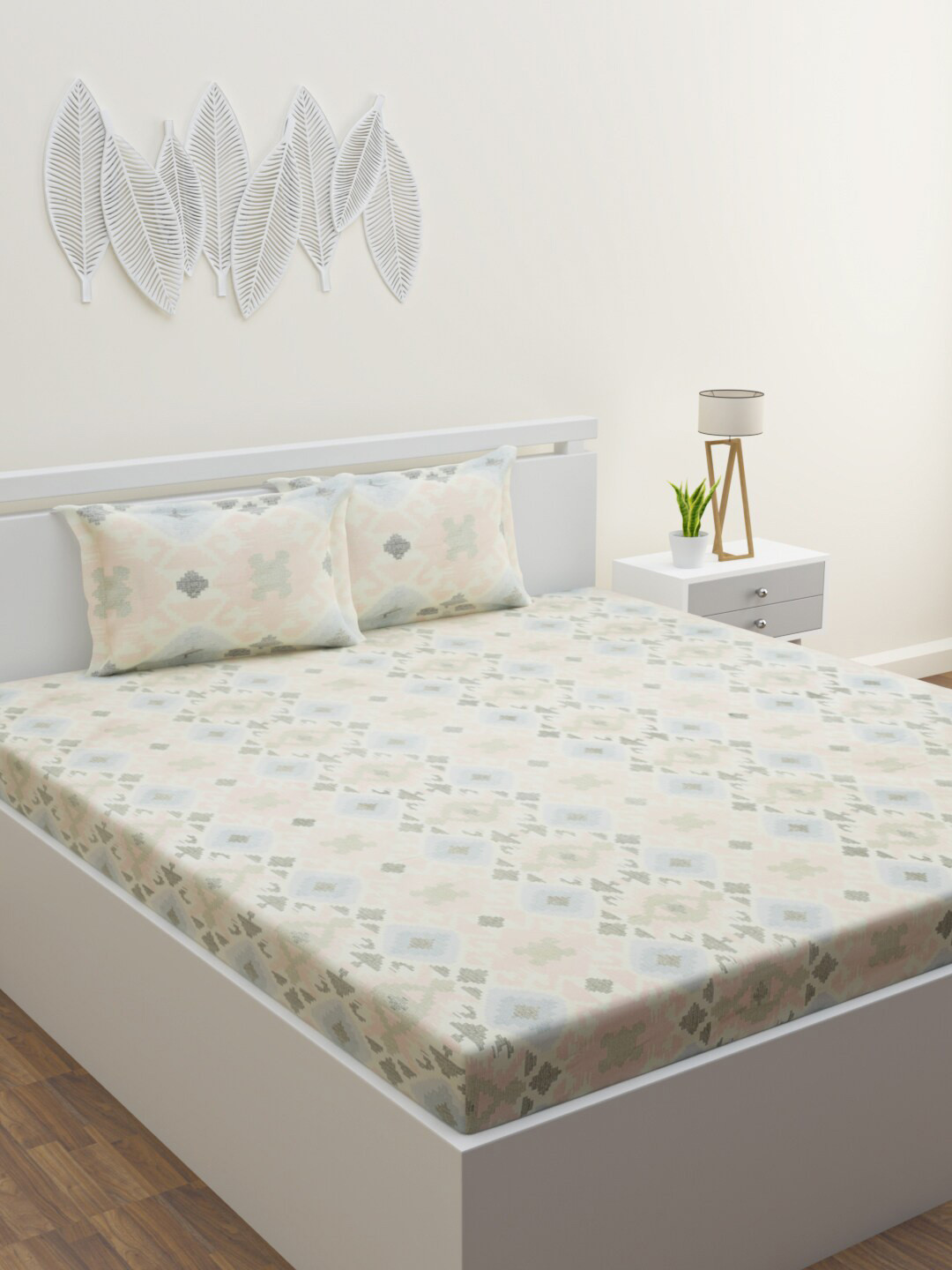 HAPPY HUES Beige Abstract Cotton 180 TC King Fine Bedsheet with 2 Pillow Covers-108 x 108 inches