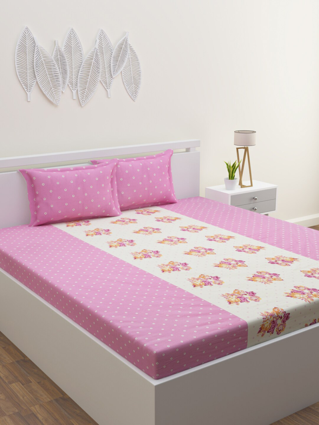 HAPPY HUES Pink Floral Cotton 180 TC King Fine Bedsheet with 2 Pillow Covers-108 x 108 inches