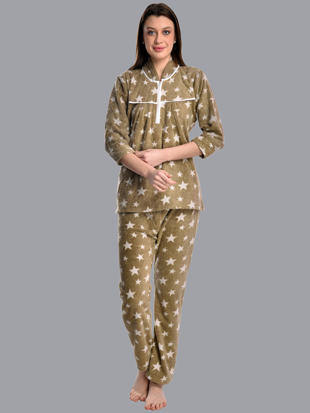 CIERGE Women Camel Brown & White Geometric Printed Night Suits