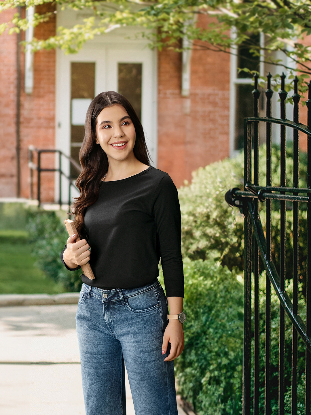 Harvard Women Black Solid Pure Cotton T-shirt