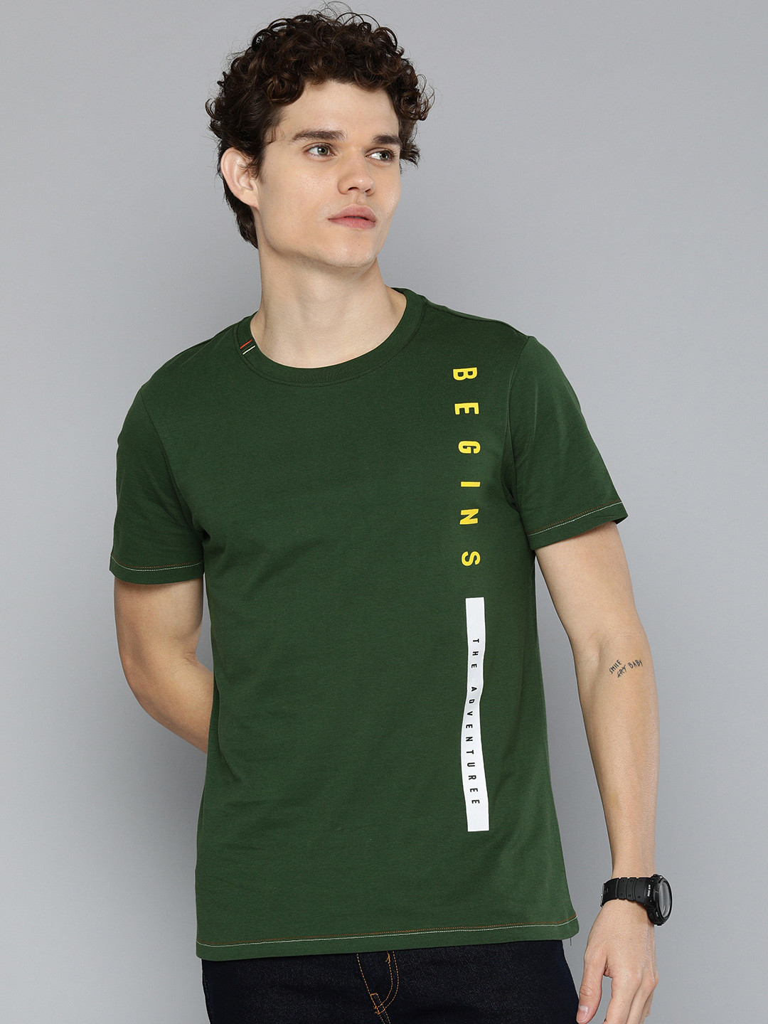 Harvard Men Green & Yellow Typography Printed Pure Cotton T-shirt