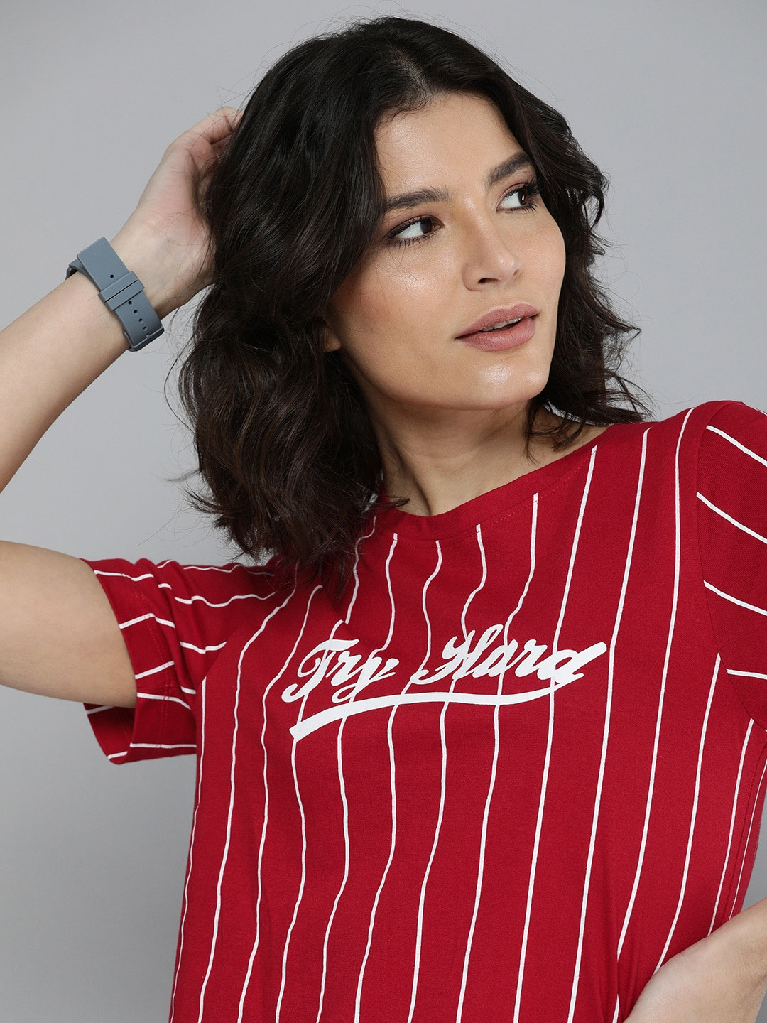 Harvard Women Red & White Striped And Typography Printed Pure Cotton T-shirt