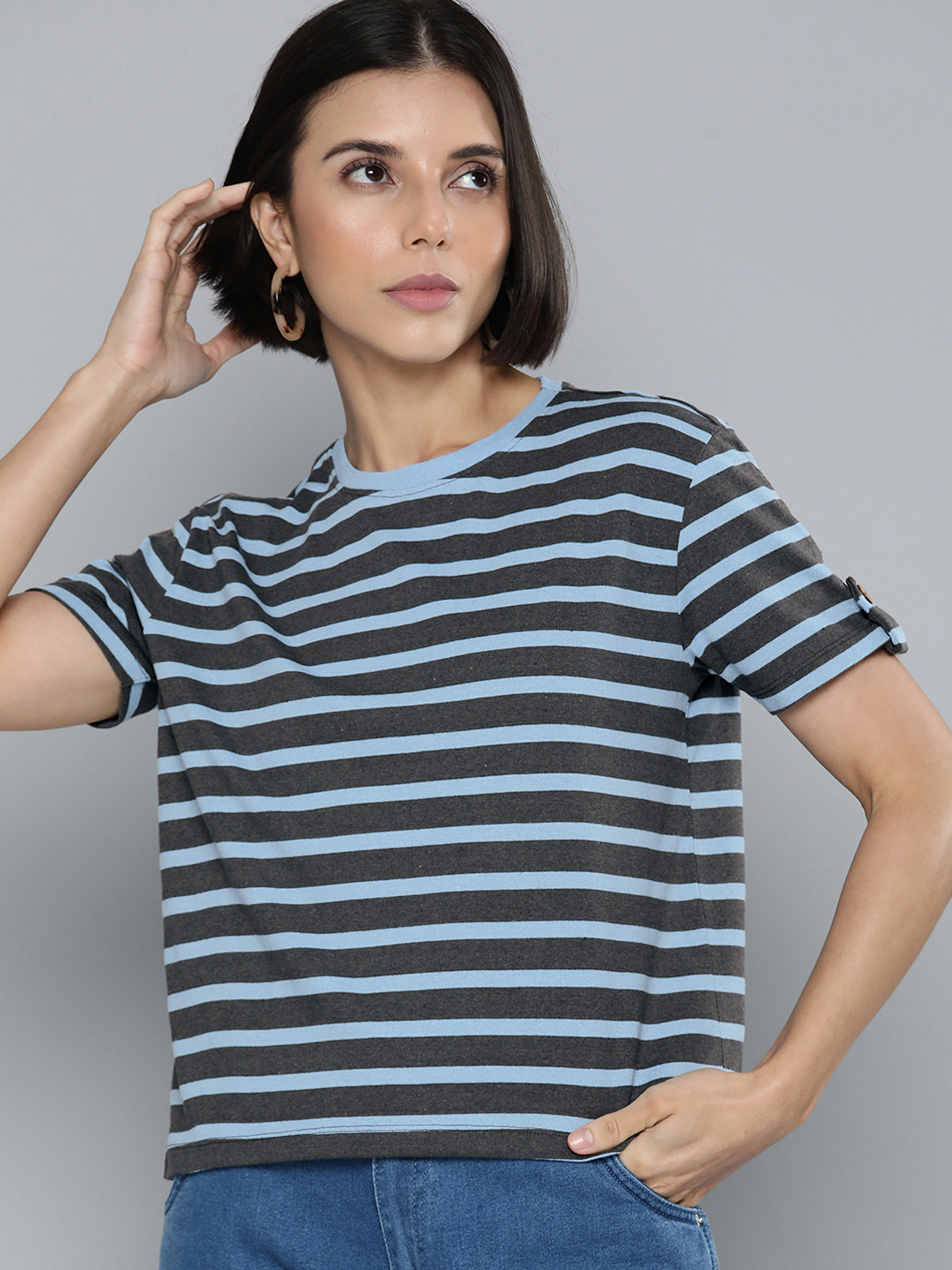 Harvard Women Blue & Charcoal Black Striped T-shirt