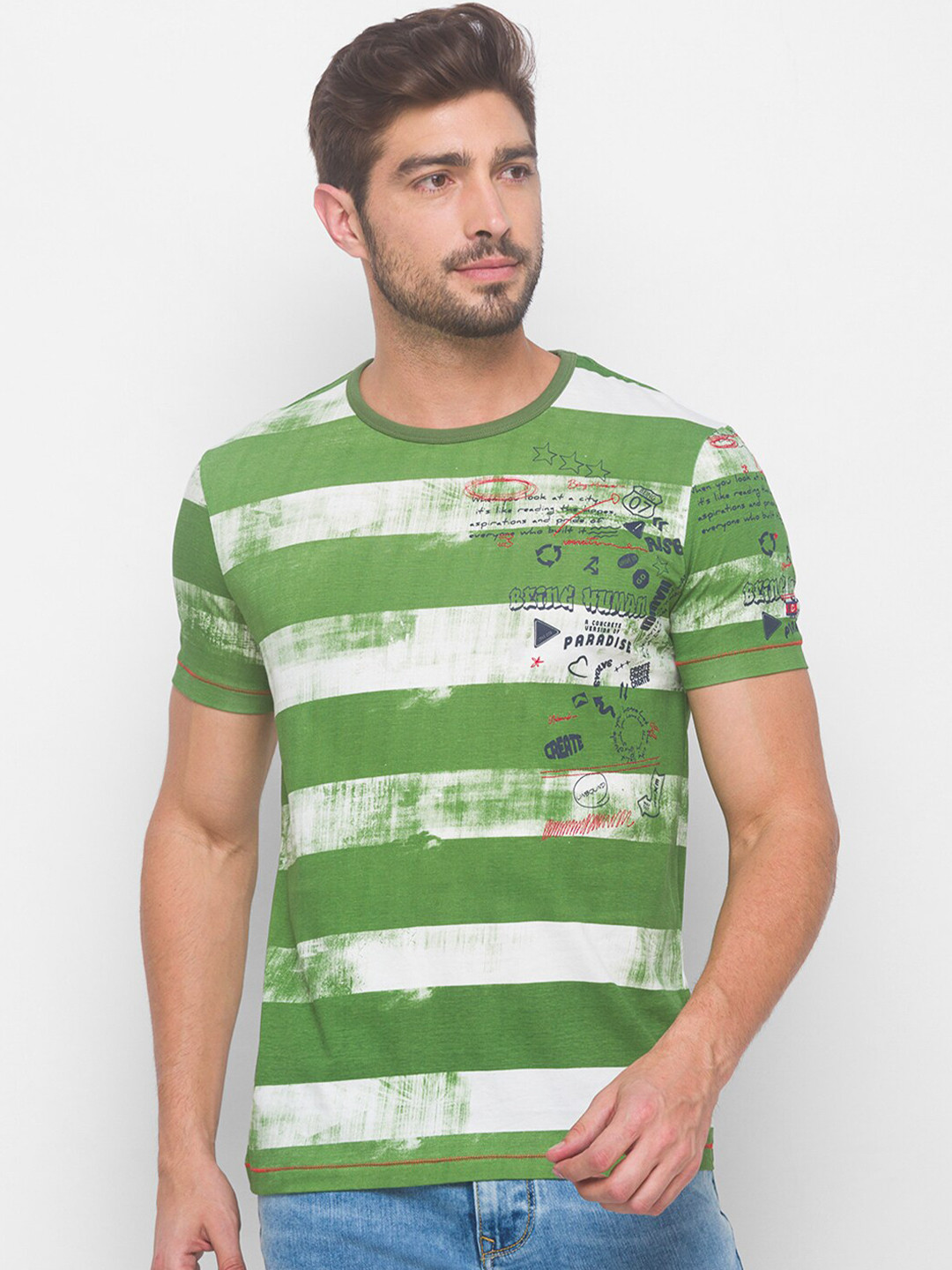 Being Human Men Green & White Striped T-shirt