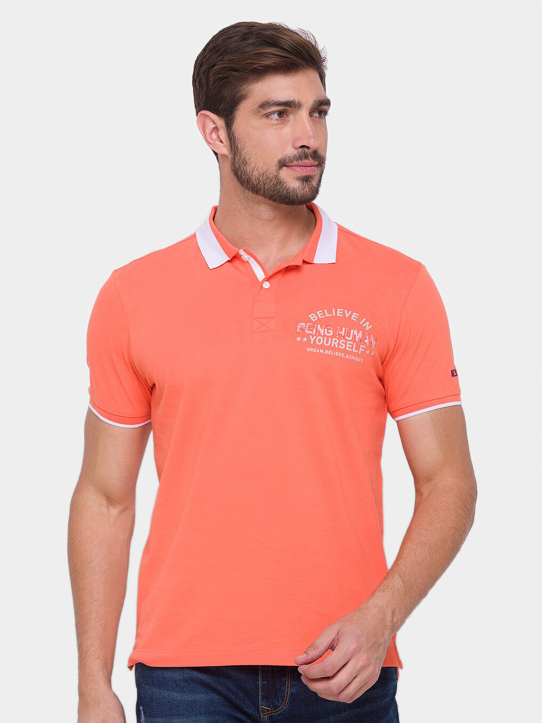 Being Human Men Peach-Coloured Polo Collar T-shirt