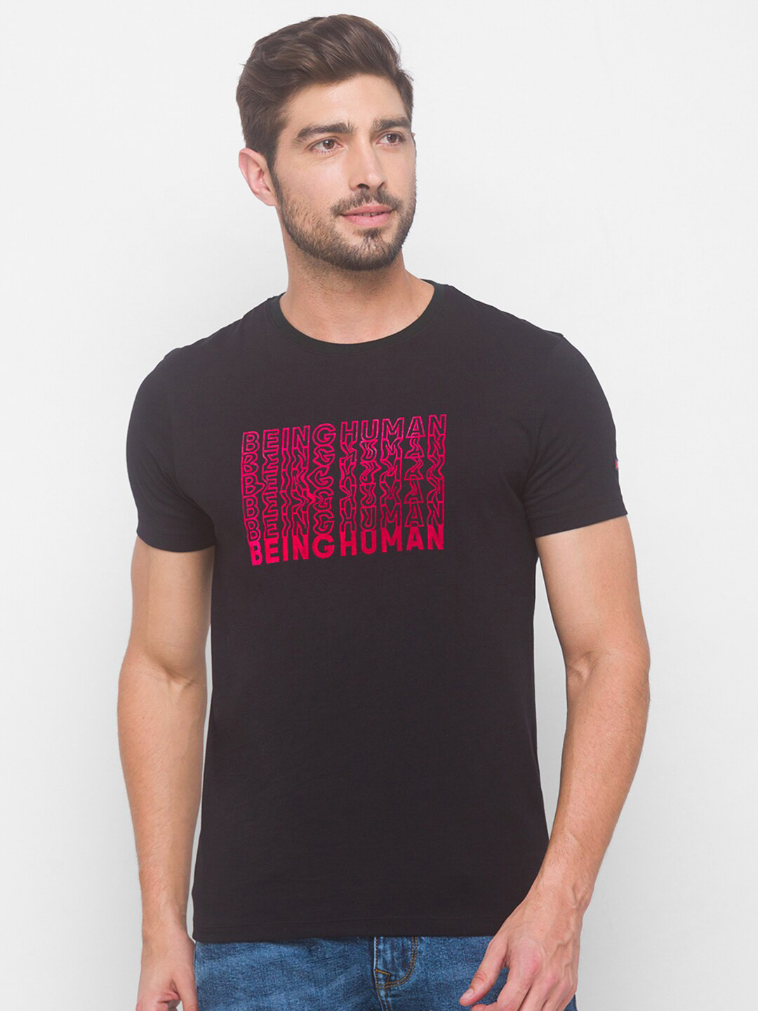 Being Human Men Black & Magenta Typography Printed Pure Cotton T-shirt