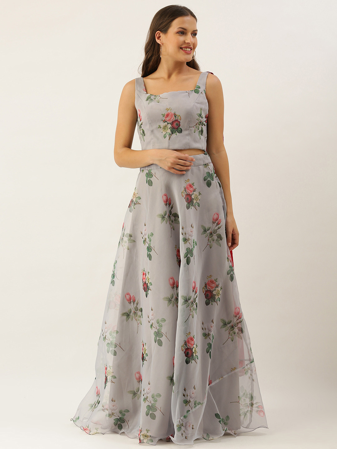 Ethnovog Grey  Pink Printed Made to Measure Fusion Lehenga  Blouse Attached Dupatta