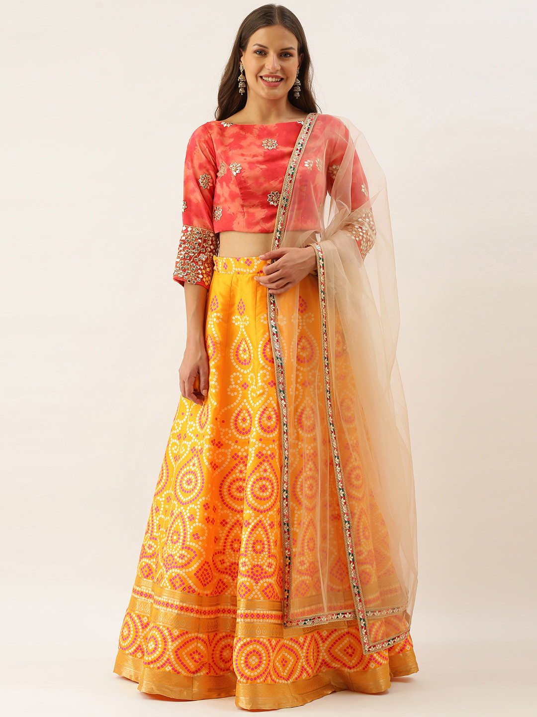 Ethnovog Mustard Yellow  Gold Jacquard Bandhani Made to Measure Lehenga Blouse Dupatta
